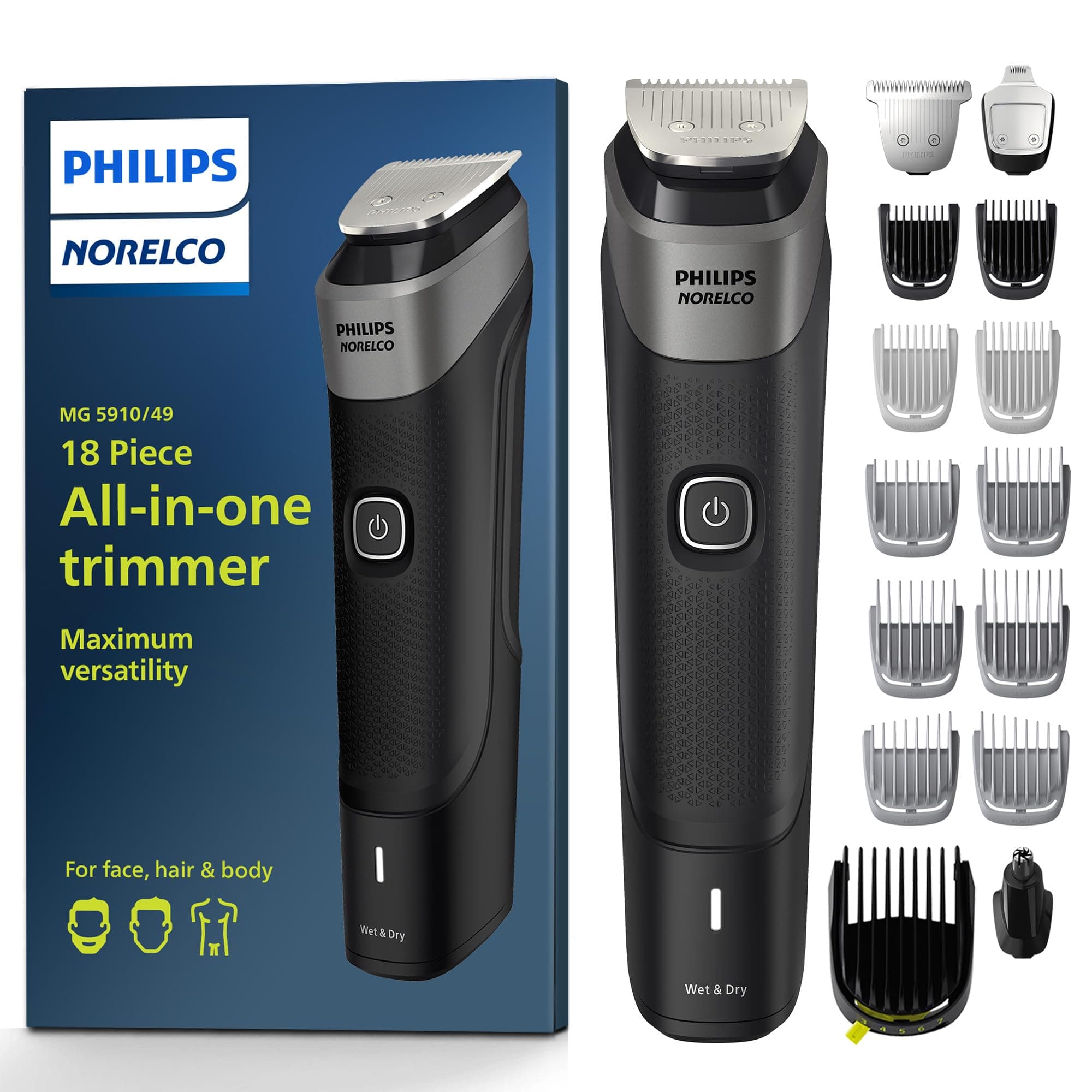 Philips Norelco Multigroom Series 5000 18 Piece, Beard Face, Hair, Body and Intimate Hair Trimmer for Men - NO BLADE OIL MG5910/49 Black MG5910/49 - 18 Pieces