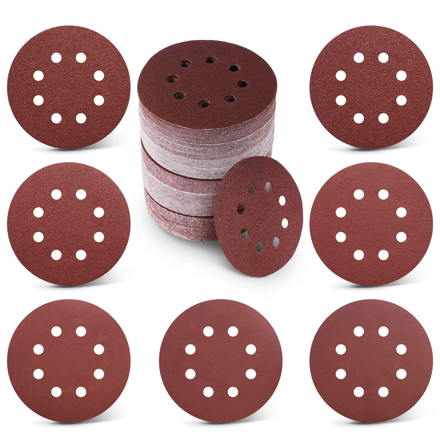 Sanding Disc, 100 Packs 5 Inch 8 Hole Sanding Discs Hook and Loop Sandpaper, Premium Aluminum Oxide Orbital Sander Pads 40 60 80 120 180 220 320 400 Grits Sandpaper for Random Orbital Sanders