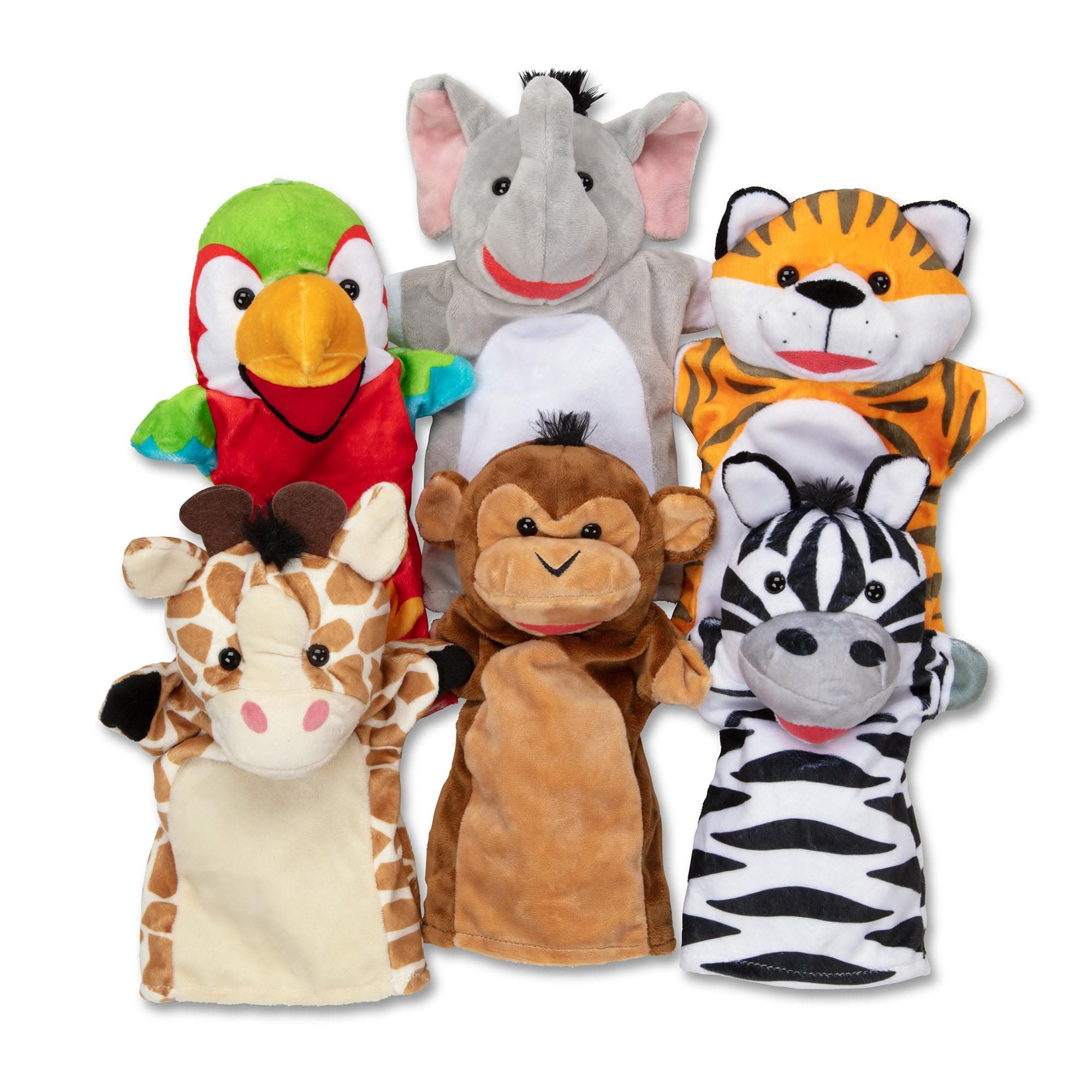 Melissa & Doug Safari Buddies Hand Puppets, Set of 6 (Elephant, Tiger, Parrot, Giraffe, Monkey, Zebra) Soft, Plush Puppet, Stuffed Animals, Pretend Play Toddler Toys for Girls & Boys 2+ MAIN