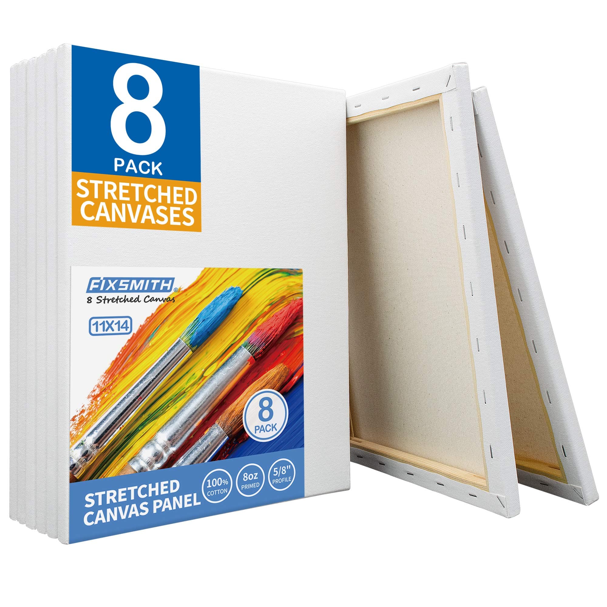 FIXSMITH Stretched White Blank Canvas - 11x14 Inch, 8 Pack, Primed,100% Cotton,5/8 Inch Profile of Super Value Pack for Acrylics,Oils & Other Painting Media 11"x14" 8