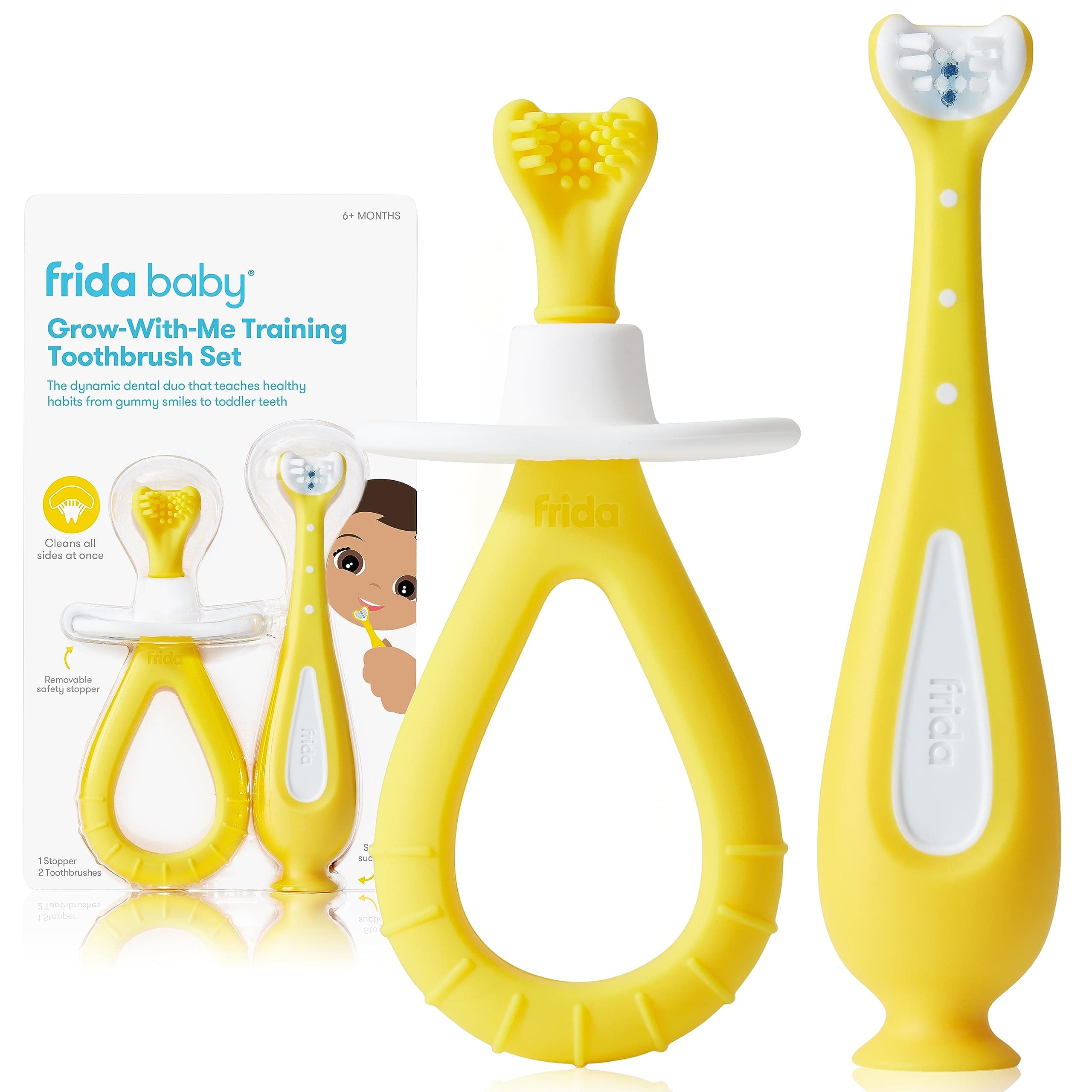 Frida Baby Grow-with-Me Training Toothbrush Set, Infant Baby Tooth brush & Toddler Toothbrush 6-18 Months, Soft Silicone Bristles, BPA-Free Oral Care for Sensitive Gums, Yellow Grow-with-Me Toothbrush Set (6M+)