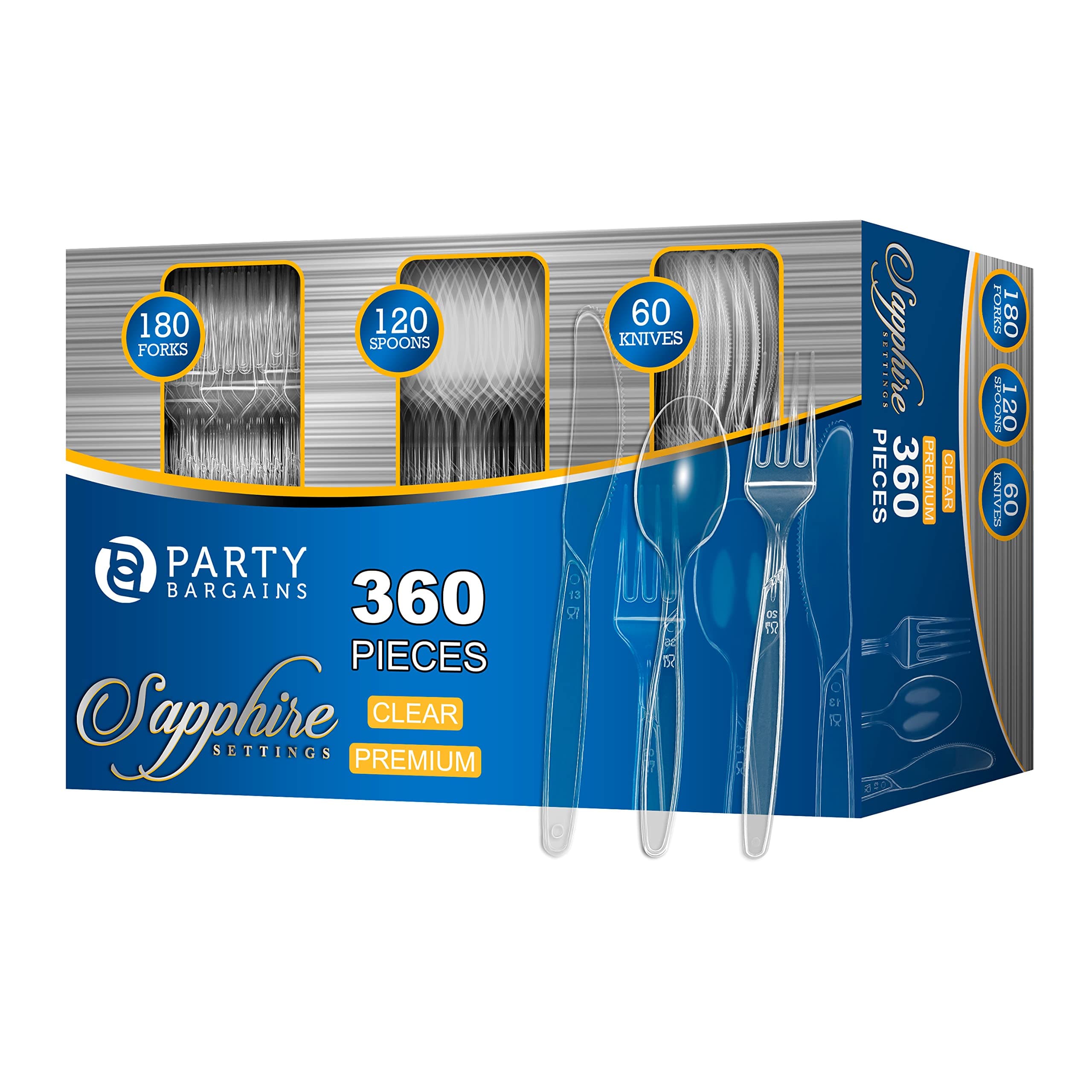 Party Bargains Disposable Cutlery set, SAPPHIRE Design, Clear Color, 360 Pieces: 180 Forks, 120 Spoons, 60 Knives A Sapphire 360 Pieces