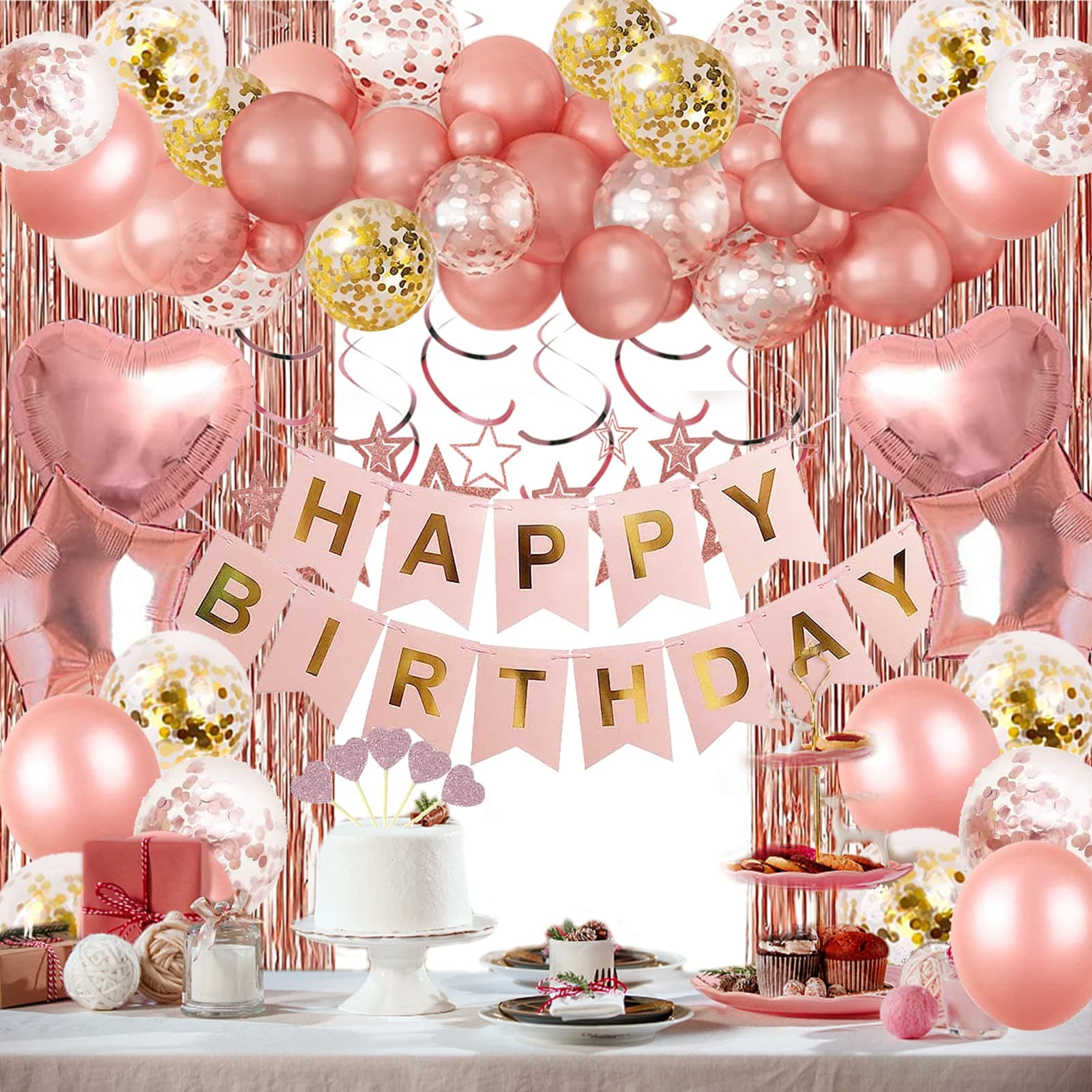 Rose Gold Birthday Party Decorations, Happy Birthday Banner, Rose Gold Fringe Curtain, Heart Star Foil Confetti Balloons, Hanging Swirls for Women Girls Birthdays Princess Party Rosegold