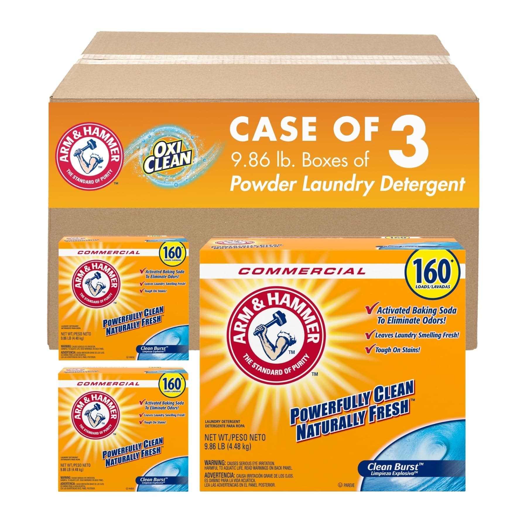 Arm & Hammer Powder Laundry Detergent, Clean Burst Scent, 9.86 lb (Pack of 3) Clean Burst 157.8 Ounce (Pack of 3)