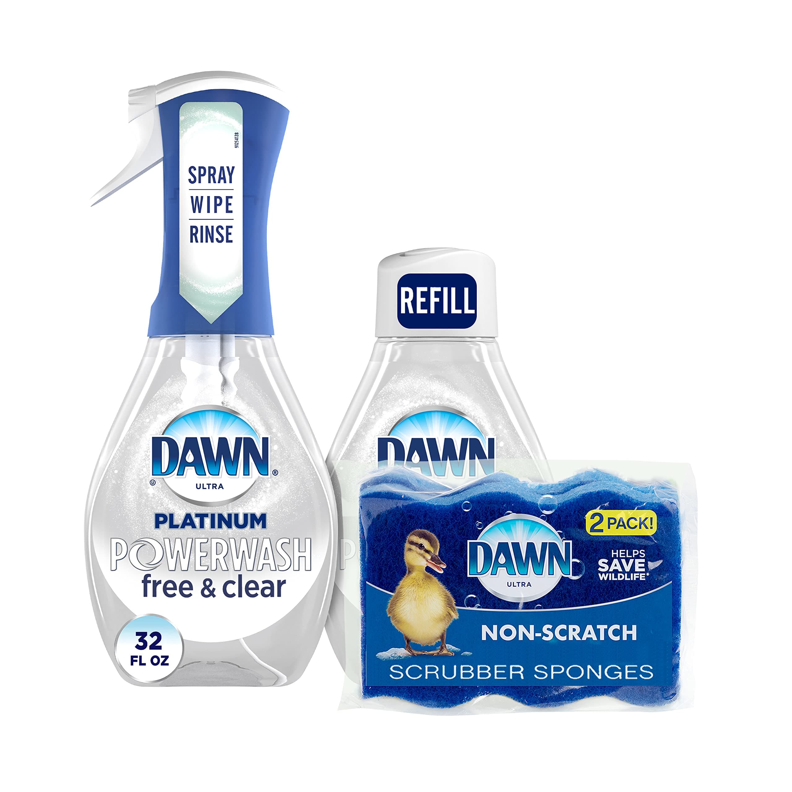 Dawn Free & Clear Powerwash Dish Spray, Dish Soap, 1 Spray (16oz), 1 Refill (16oz) Non-Scratch Scrubber Sponge (2 count), 1 set Fresh 0.25 Fl Oz (Pack of 4)