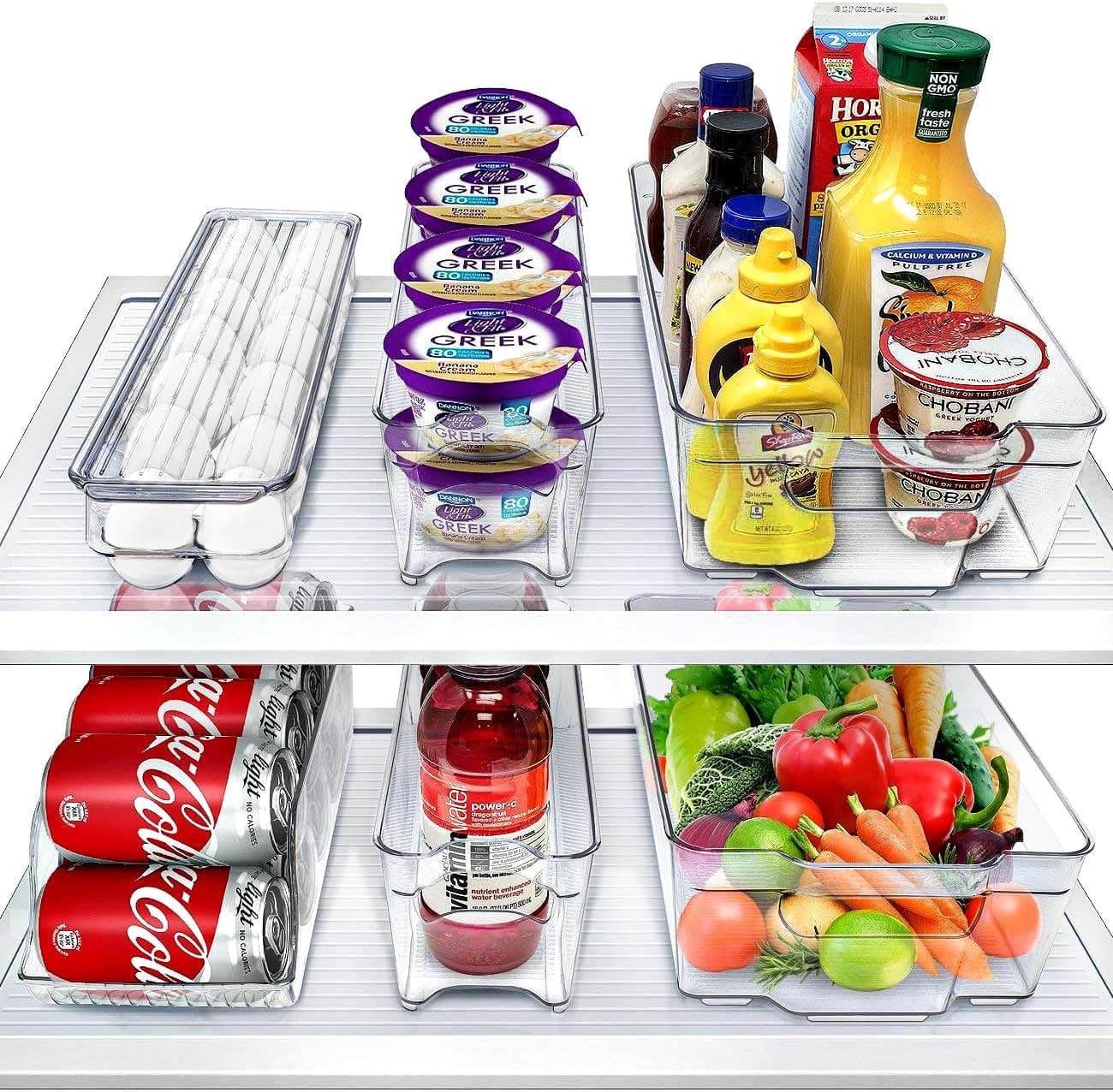Sorbus Refrigerator Organizers and Storage Bins Set of 6 – Includes 2 Wide Bins, 2 Narrow Bins, Soda Can Organizer (12 Cans), and 14 Egg Holder – Clear Bins for Fridge Organization, Pantry, Freezer 6 pack