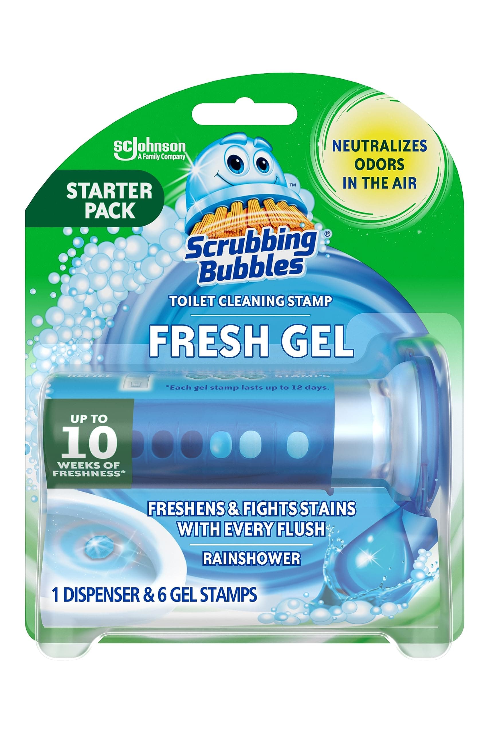 Scrubbing Bubbles Fresh Gel Toilet Bowl Cleaning Stamps, Helps Keep Toilet Clean and Helps Prevent Limescale & Rings, Rainshower Scent, 1 Dispenser with 6 Fresh Gel Stamps 1.34 Ounce (Pack of 1)