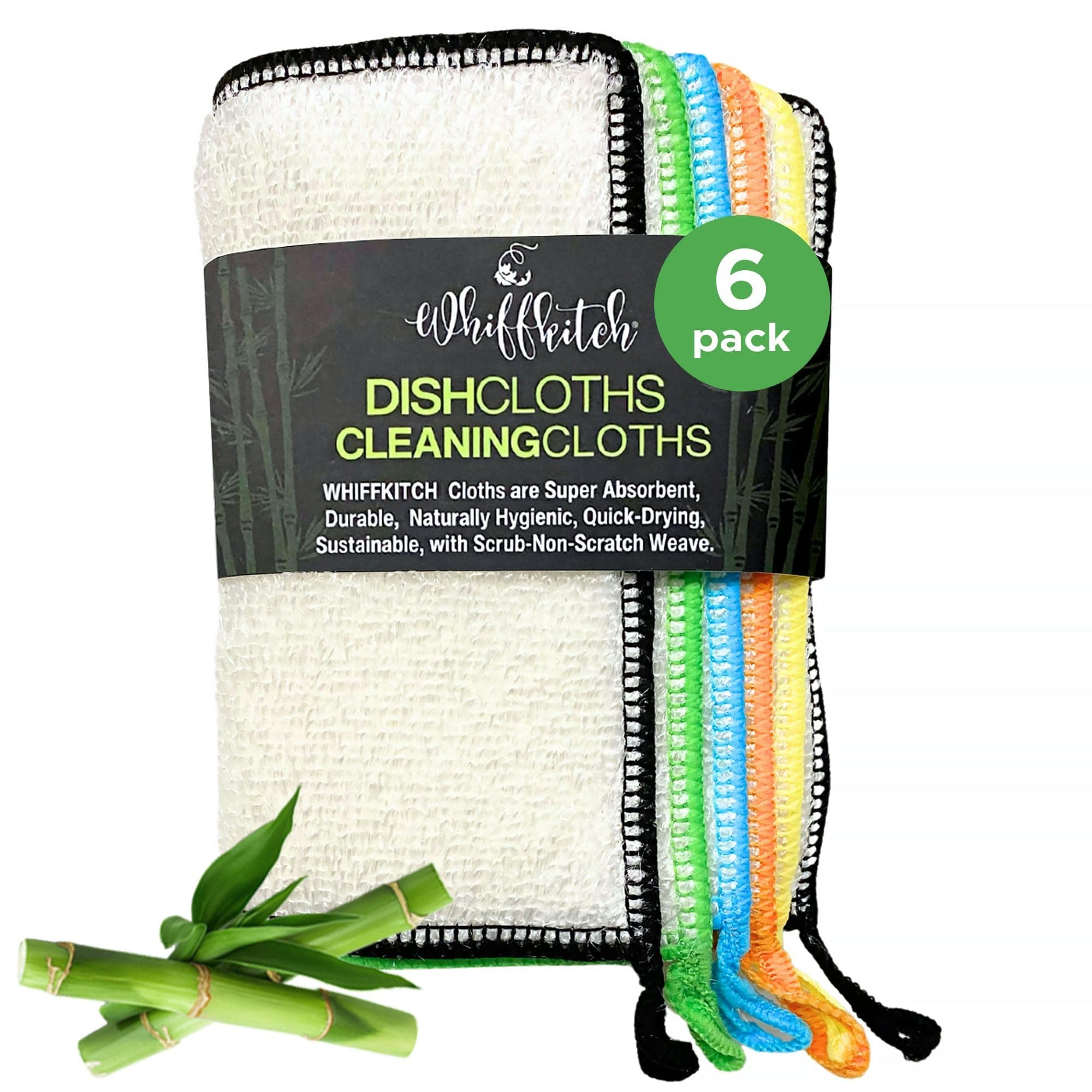 Whiffkitch Dishcloths Dishrags for Kitchen and Household Cleaning 6x7 6-Pack Non-Scratch 2-Ply Weave, Bamboo-Rayon Fabric, Absorbent, Washable, Long-Lasting Multi Color 6" x 7" -6 Pack
