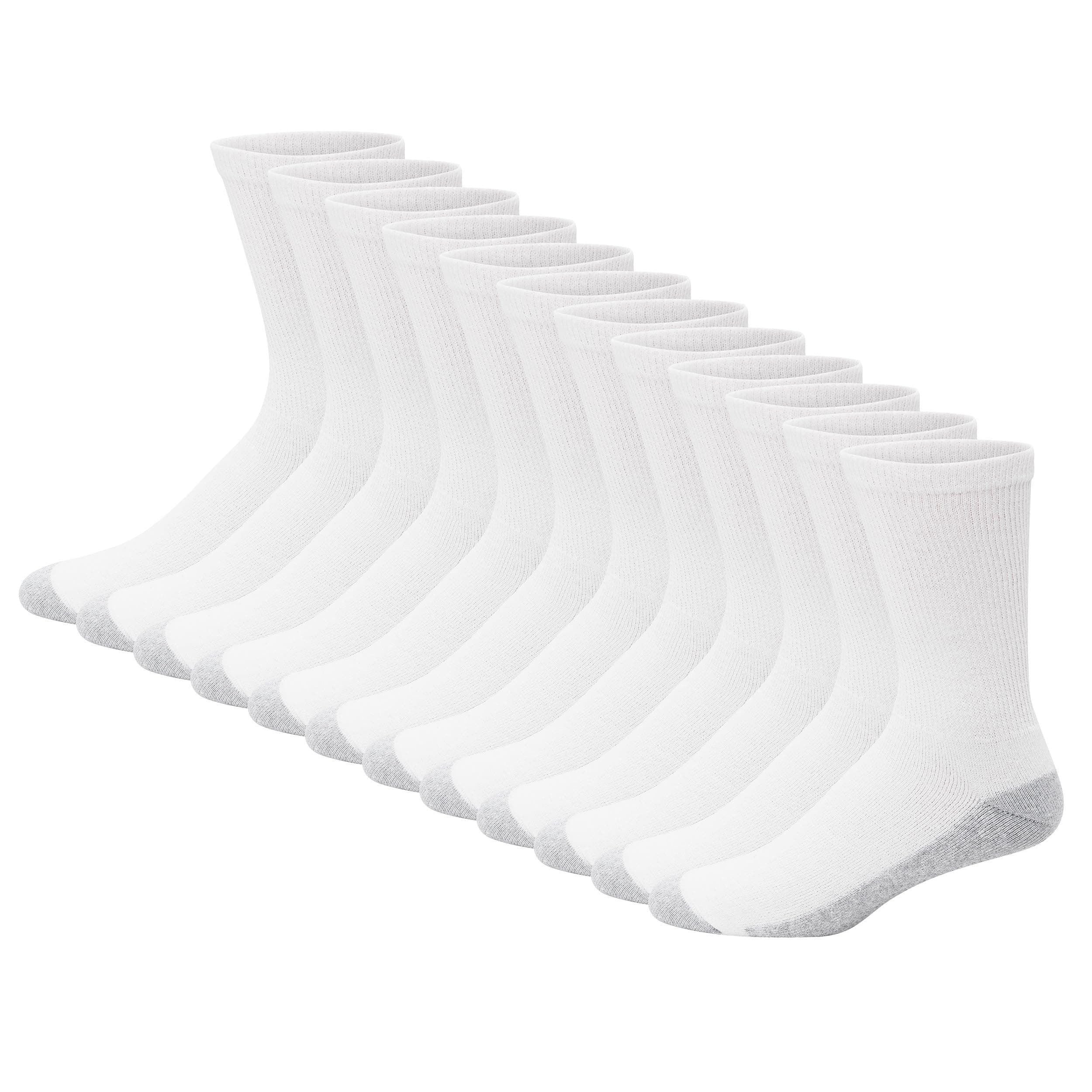 Hanes Men's Double Tough Socks, Crew and Ankle Moisturing Wicking Socks, Black & White, Multi-Packs Crew White - 12 Pack 12-14
