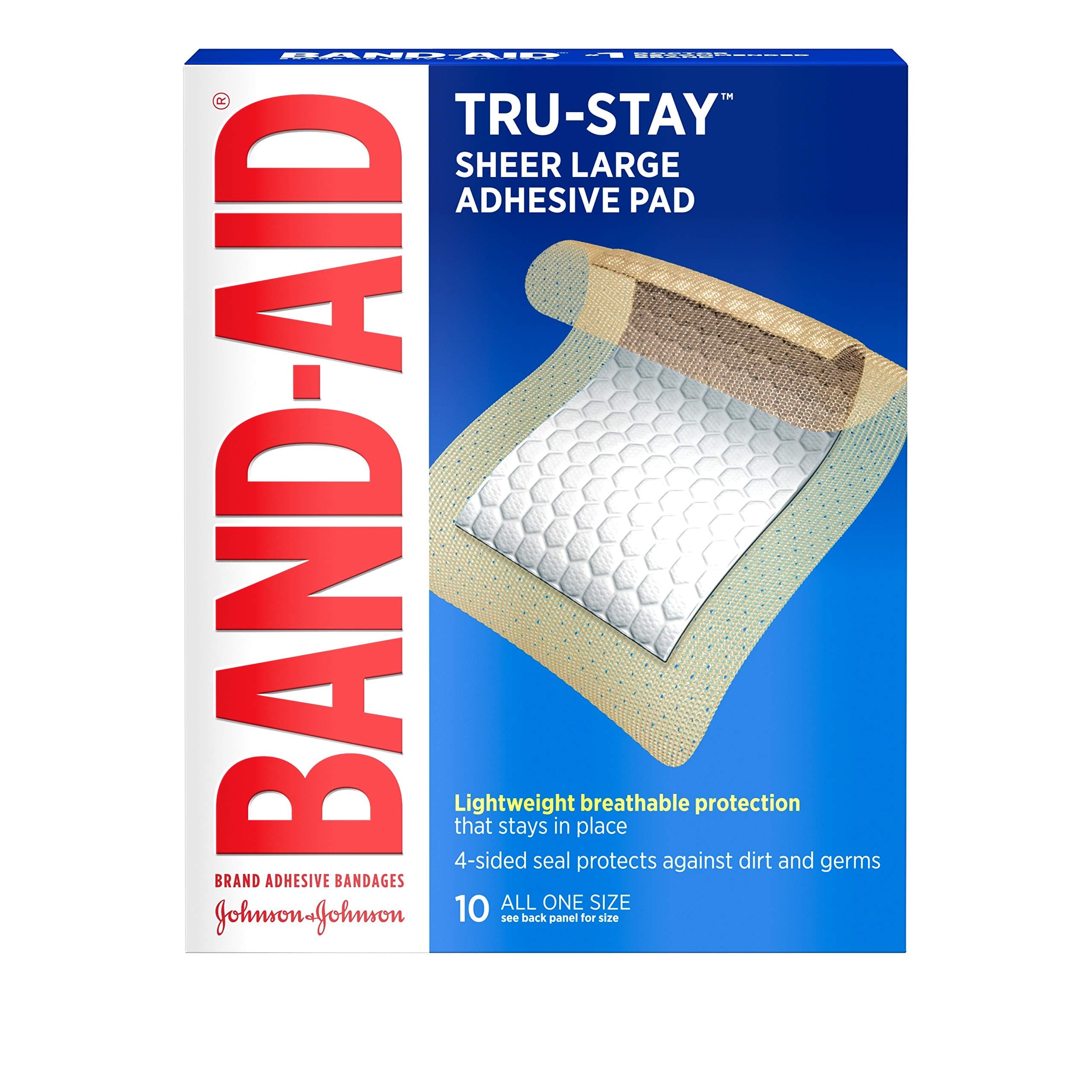 Band-Aid Brand Tru-Stay Adhesive Pads, Sterile Sheer Bandages for First Aid & Wound Care, Pad Covers & Protects Minor Cuts, Scrapes & Burns, Lightweight, Large Size, 10 Count 10 Count (Pack of 1) Large