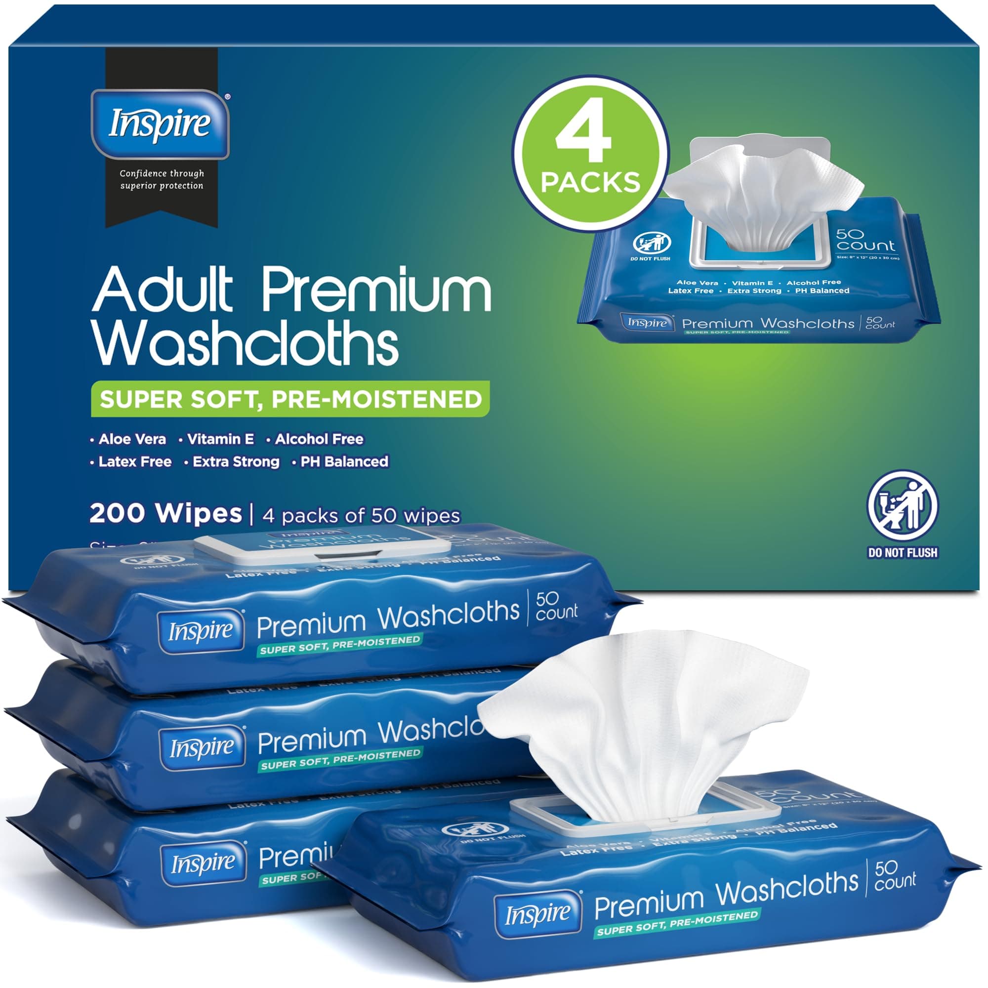 Inspire Adult Wet Wipes, Wash Cloths | Adult Wipes for Incontinence & Cleansing for Elderly, 8"x12" (200 count) 1 Count (Pack of 200)