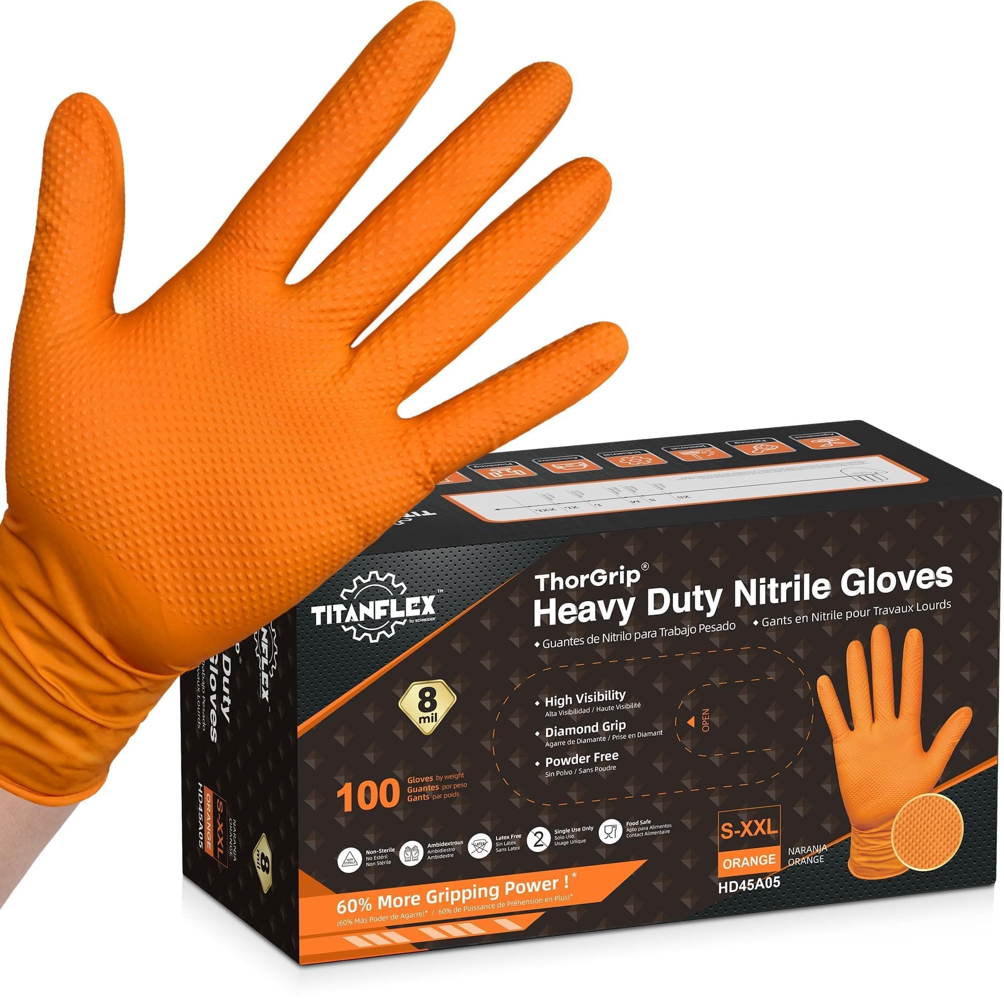 TitanFlex Thor Grip Heavy Duty Industrial Orange Nitrile Gloves with Raised Diamond Texture, 8-mil, Latex Free, Powder Free 100 Large (Pack of 100)