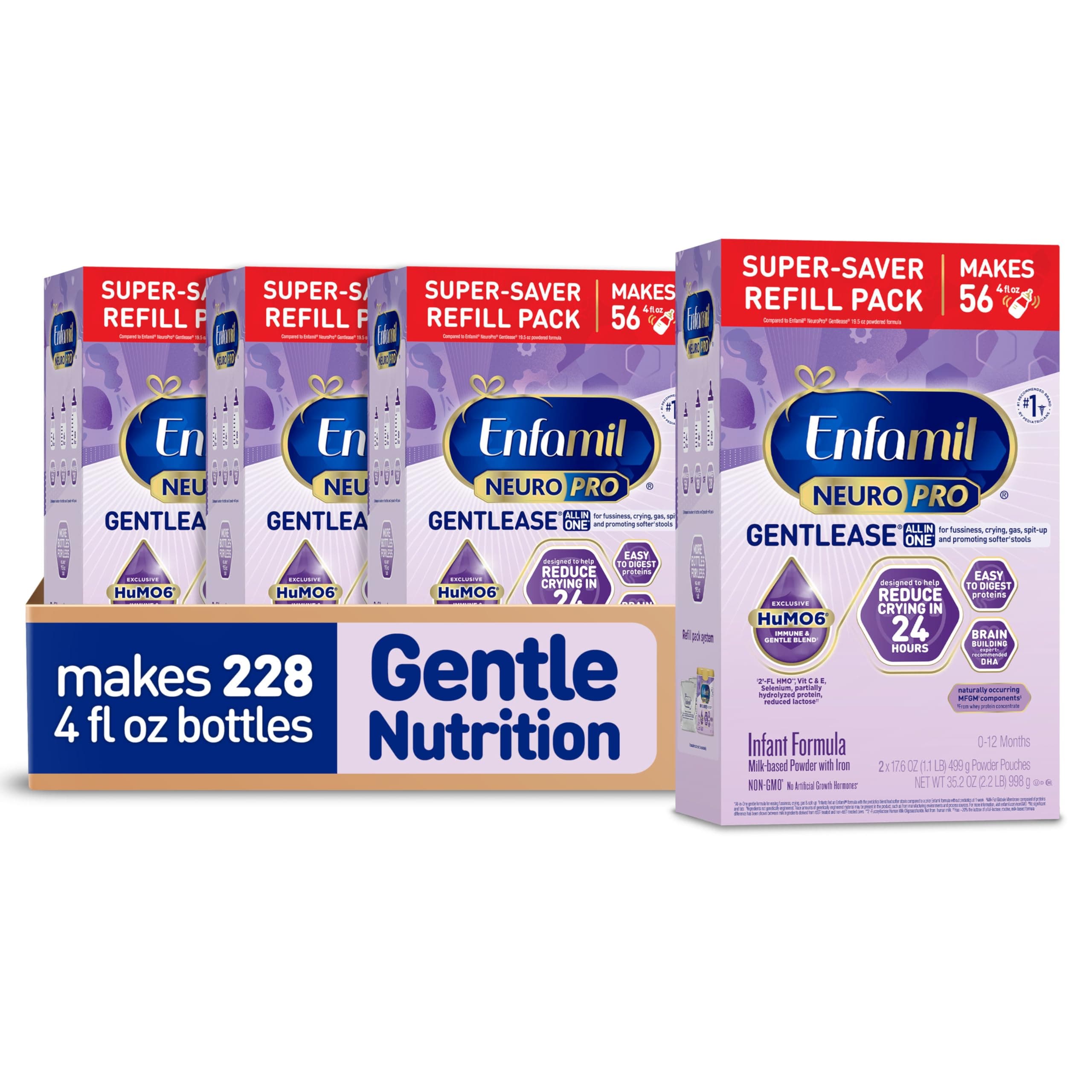 Enfamil NeuroPro Gentlease Baby Formula, Brain Building DHA, HuMO6 Immune Blend, Designed to Reduce Fussiness, Crying, Gas & Spit-up in 24 Hrs, has Prebiotics to Promote Softer Stools, Baby Milk, 35.2 Oz (Pack of 4) 35.2 Ounce (Pack of 4)