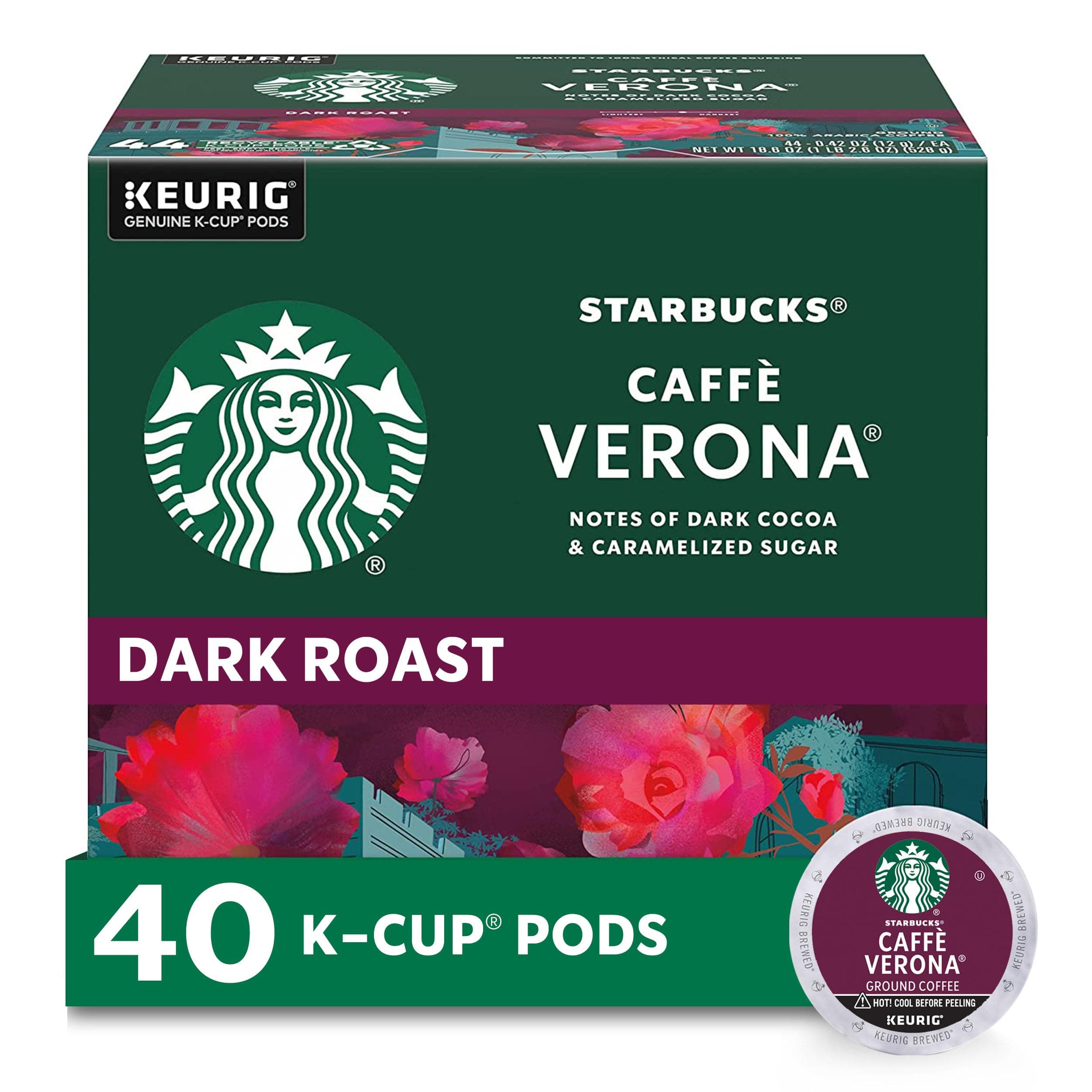Starbucks K-Cup Coffee Pods, Dark Roast, Caffè Verona for Keurig Brewers, 100% Arabica, 1 Box (40 Pods) Caffe Verona 40 Count (Pack of 1)