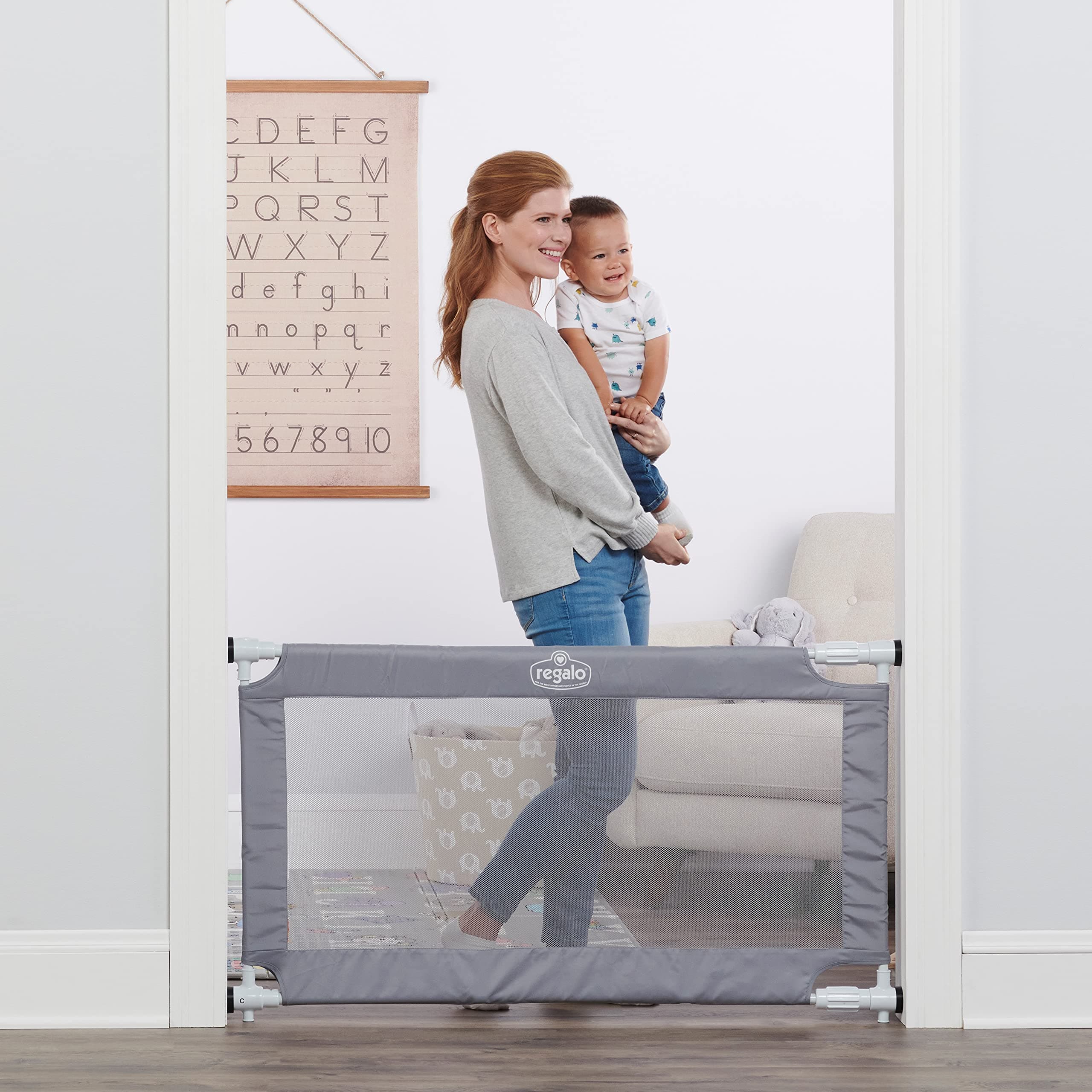 Regalo 50" Extra Wide Gray Expandable Mesh Gate, Pressure Mounted, Includes Rubber Bumpers to Protect Walls, Gray