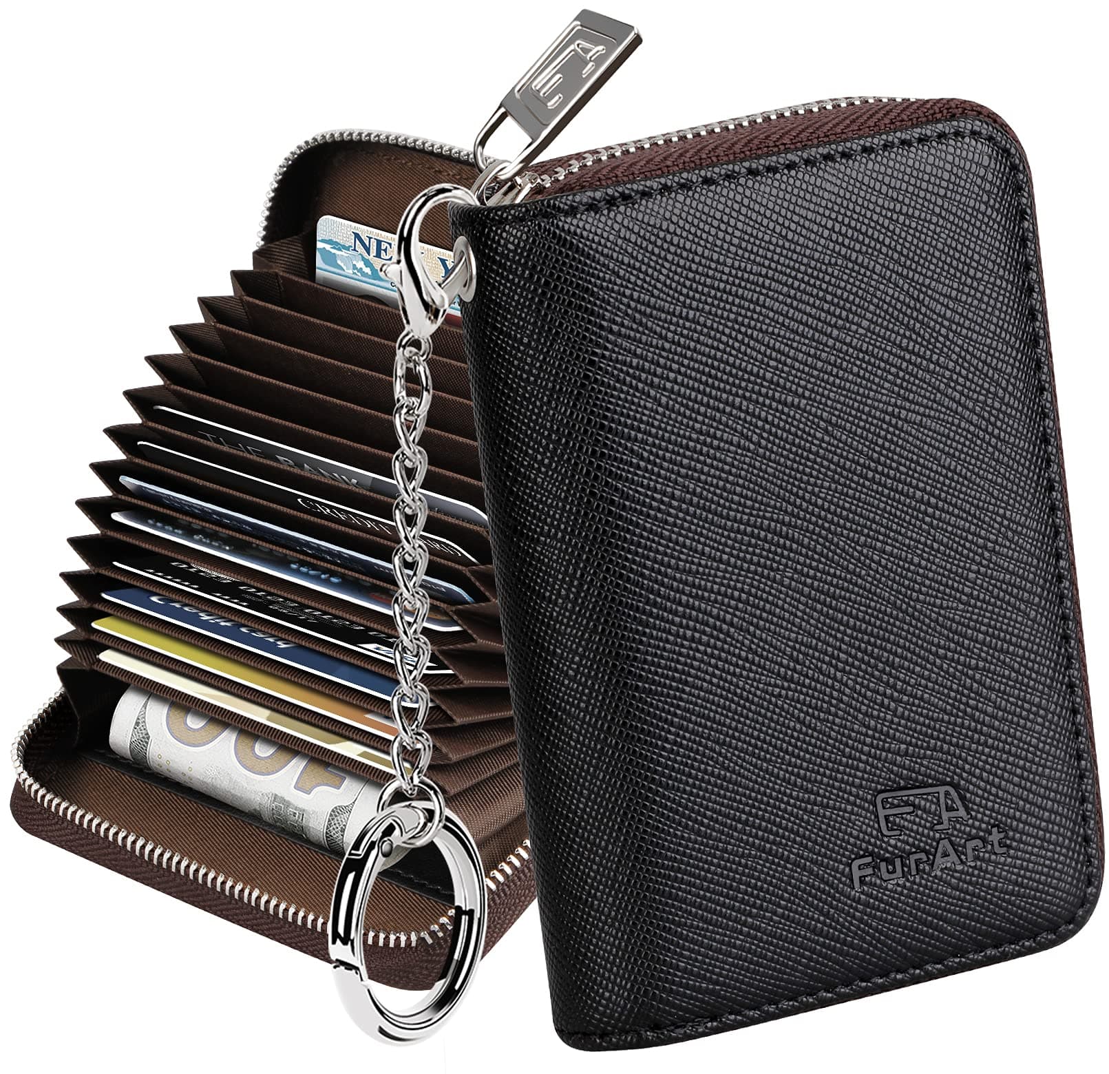 FurArt Zipper Wallet Women, RFID Blocking Credit Card Wallet, Business Card Holder, Compact Size KeyChain Wallet small Black
