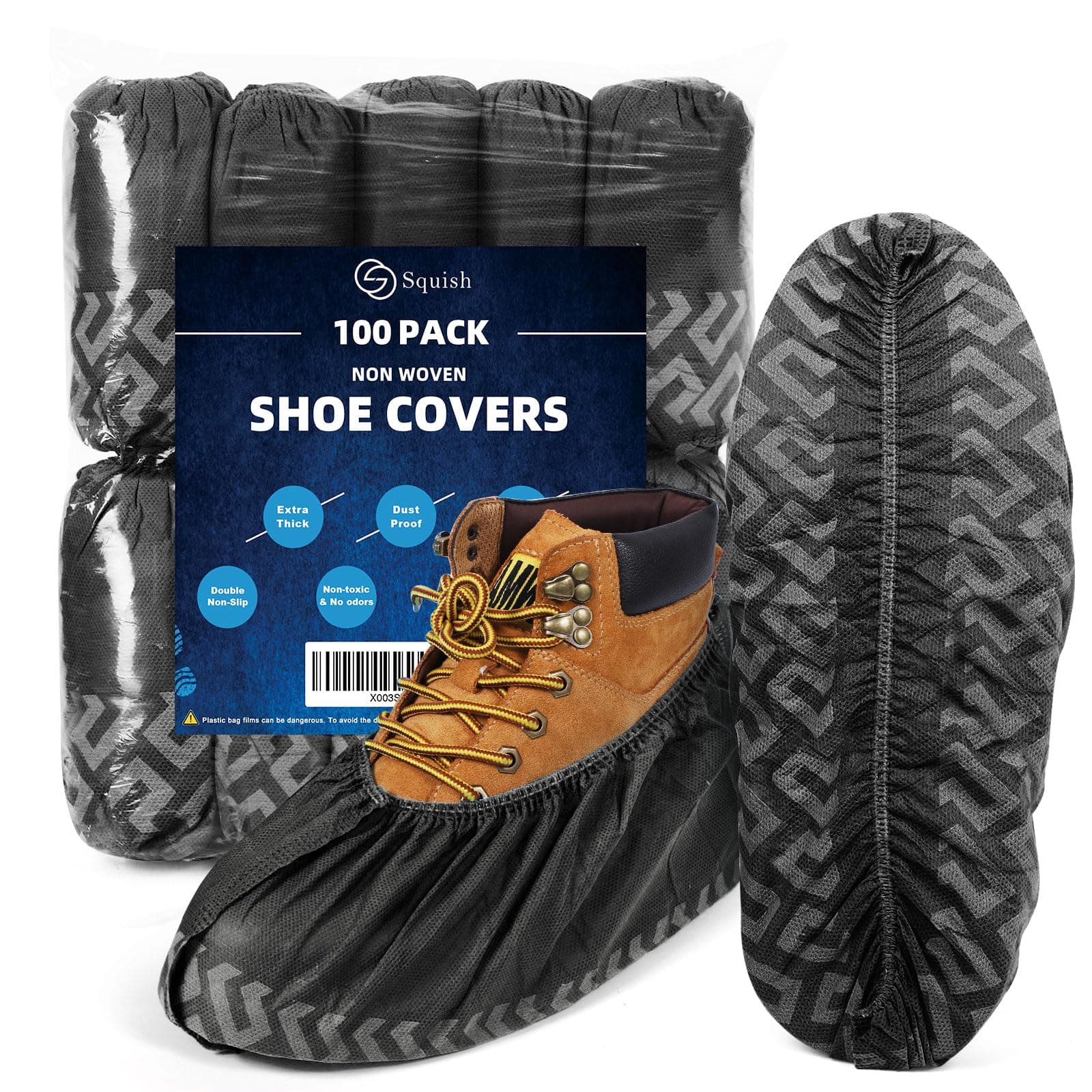 squish Shoe Covers Disposable Non Slip, 100 Pack(50 pairs) Thick Extra Disposable Boot Covers Slip Proof Shoe Cover for Indoors Outdoors Recyclable Durable Protector Covers Fits Virtually Most Shoes Black