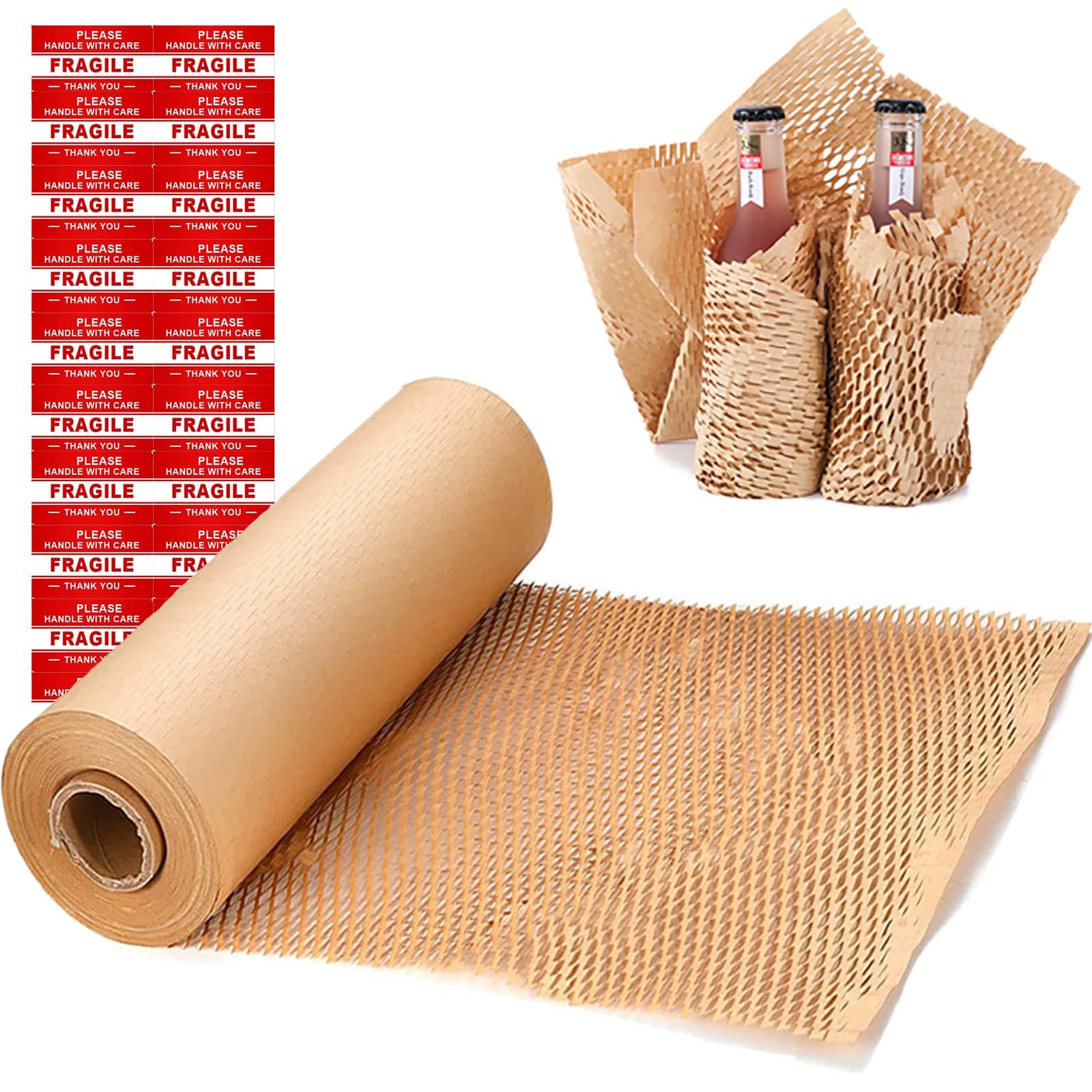onesimcr Honeycomb Packing Paper Wrap 15"x131' Sustainable Alternative to Bubble Wrap for Moving/shipping/packing Roll with 20 Fragile Sticker Biodegradable & Fully Recylable… Original wood color