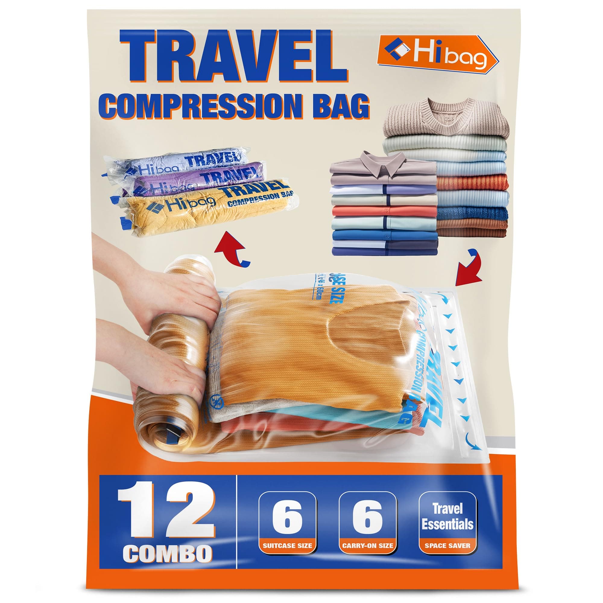 12 Compression Bags for Travel Essentials, Vacuum Packing Space Saver Bags for Cruise Accessories (12-Travel) 12-Pack