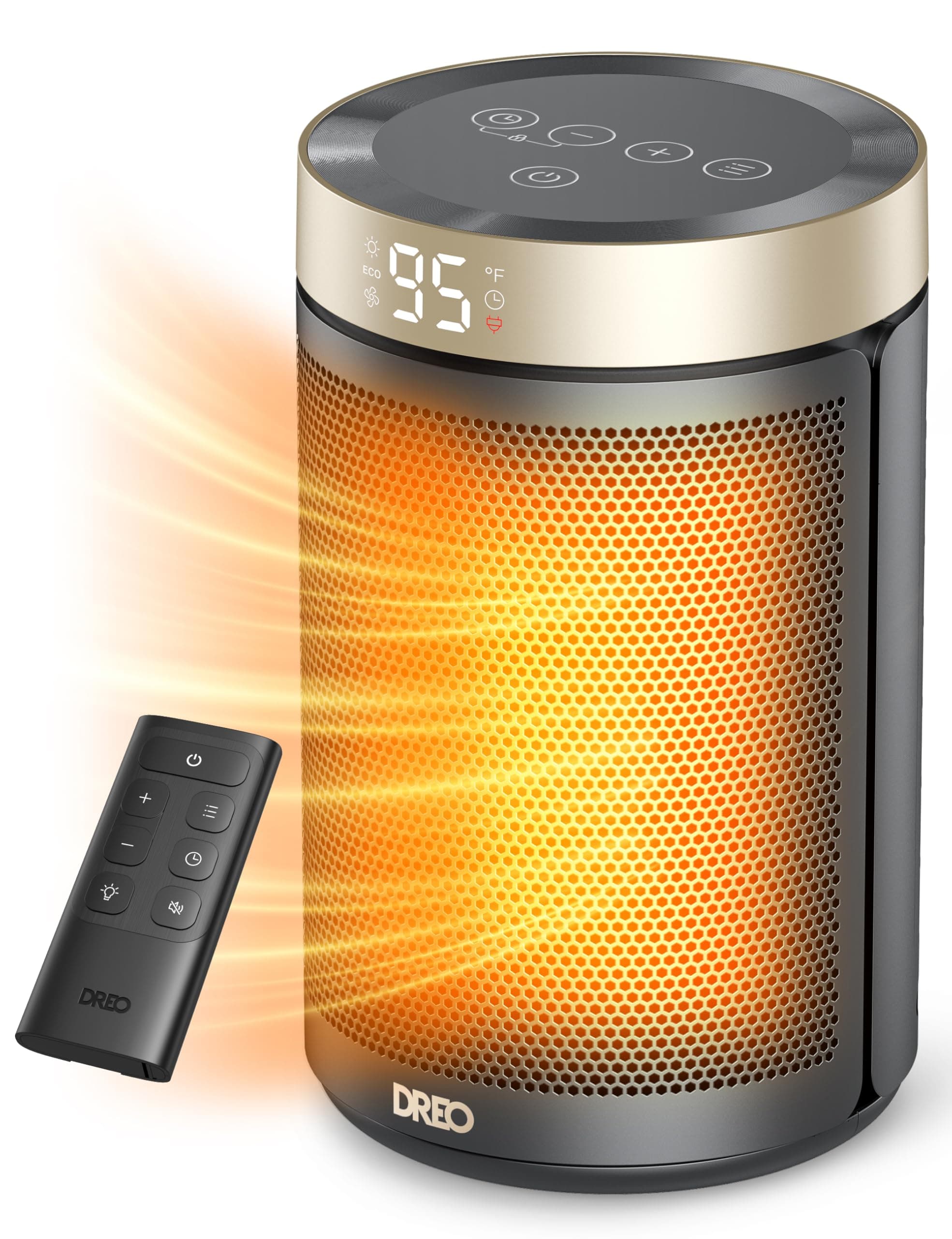 Dreo Space Heater, Portable Electric Heaters for Indoor Use with Thermostat and Remote, 2024 Upgraded, Digital Display, 12H Timer, 5 Mode, 1500W PTC Ceramic Fast Safety Heat for Office Bedroom Home Gold 10 inch