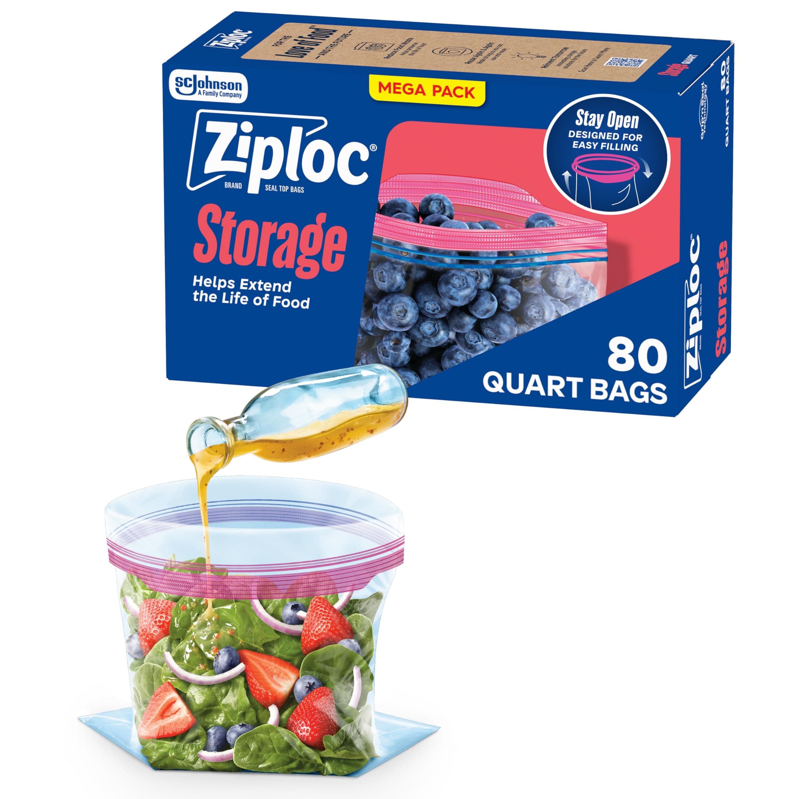 Ziploc Quart Food Storage Bags, Stay Open Design with Stand-Up Bottom, Easy to Fill, 80 Count