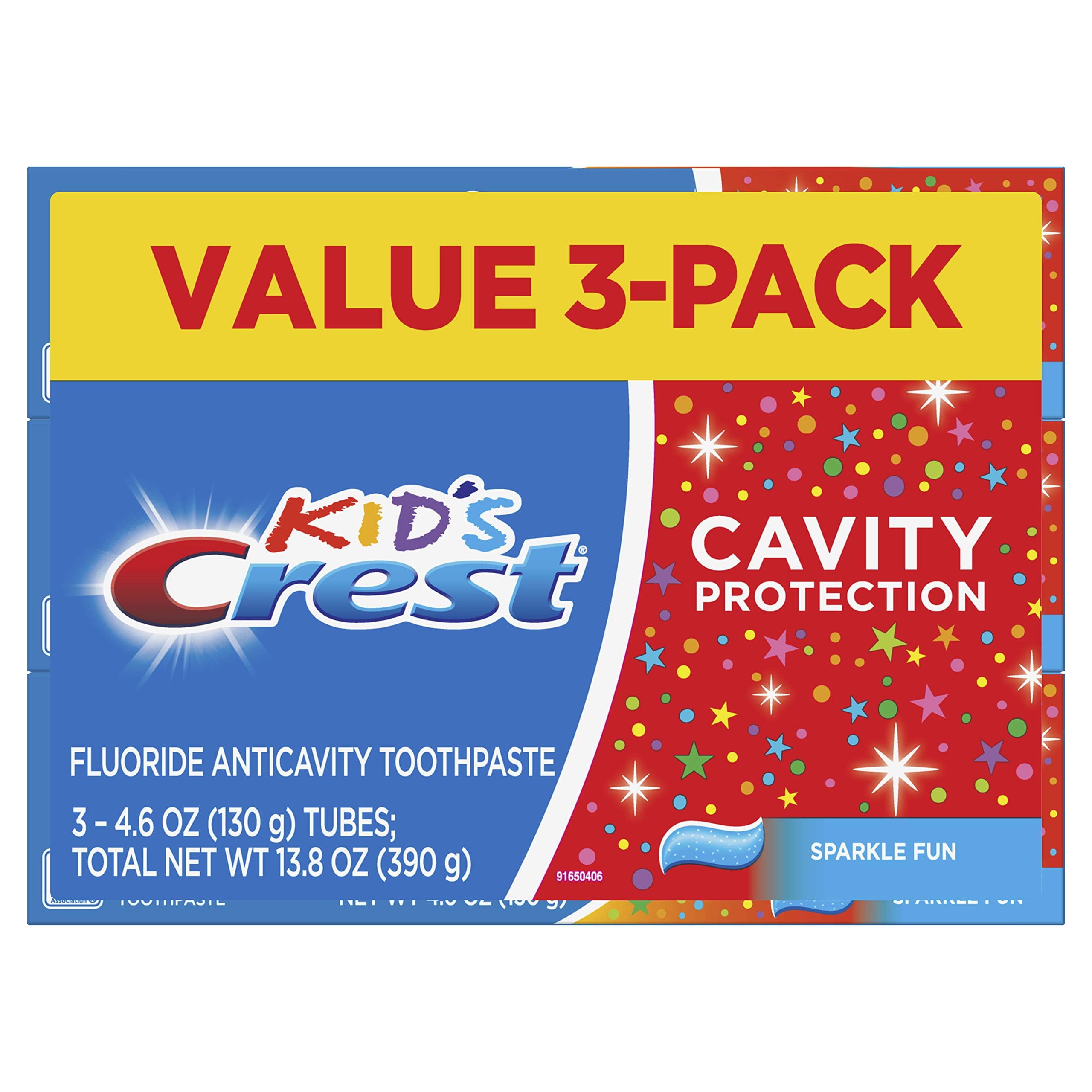 Crest Kid's Cavity Protection Toothpaste, Crest Kids Toothpaste, For Children And Toddlers 2+, Sparkle Fun, 4.6 Oz (Pack of 3), Toothpaste For Kids, Packaging may vary