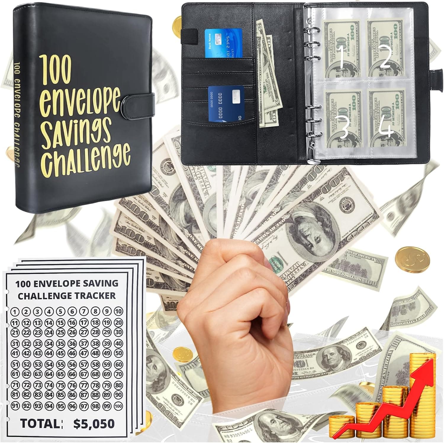 100 Envelopes Money Saving Challenge Binder & Budget Planner β Savings Book with Pre-Numbered Cash Envelopes, Trackers & Labels β Save $5,050 for Home, Office, School β Budget Binder Kit (Black)