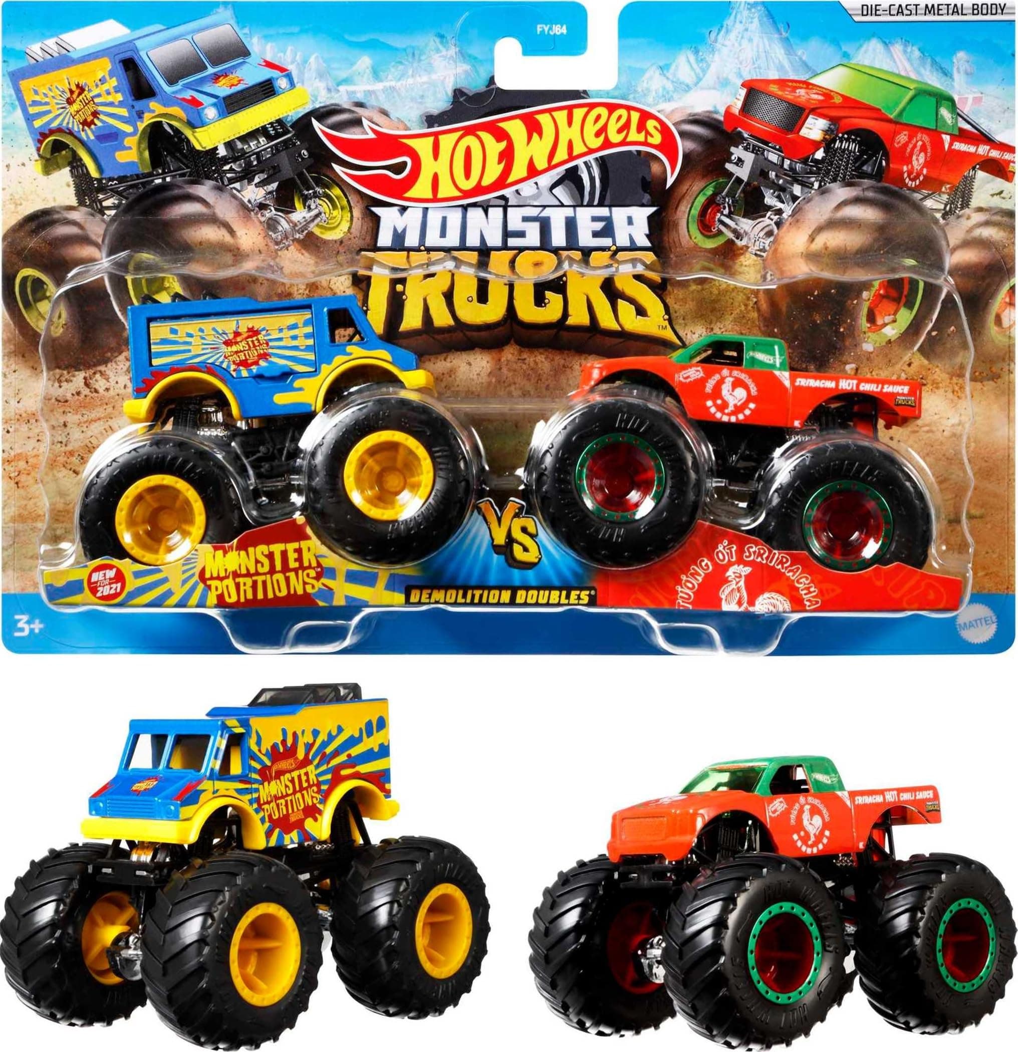 Hot Wheels Monster Trucks 2-Pack, Demolition Doubles Set of 2 Toy Vehicles in 1:64 Scale, for Kids & Collectors (Styles May Vary) 2-Pack Demolition