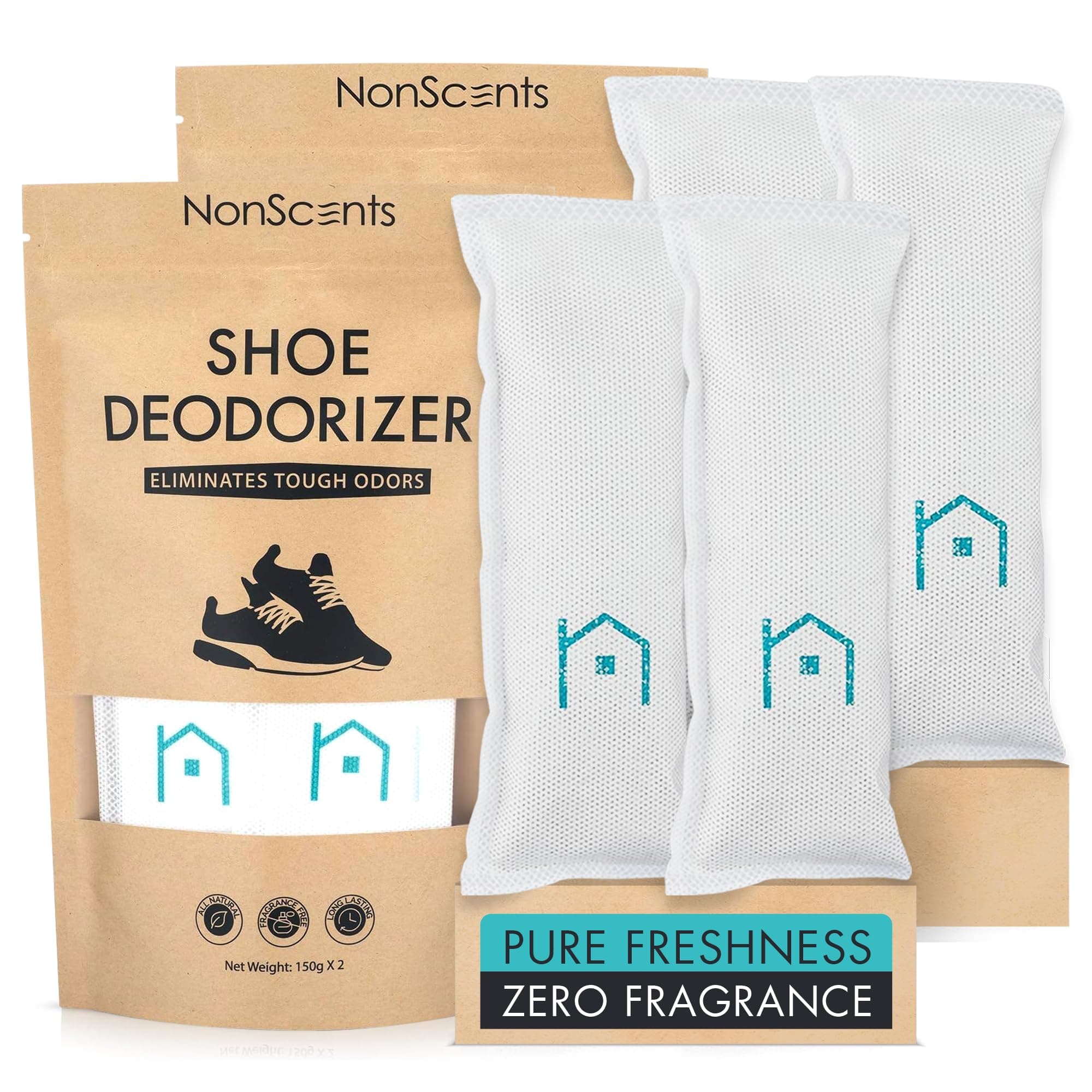 NonScents Shoe Deodorizer 2-Pack (4 Count) - Odor Eliminator, Air Freshener, Smell Absorber, Scent Remover for Shoes, Gym Bags, Soccer Cleats, Closets, Pet Area, Reusable - Shoe Deodorant 4 Count (Pack of 2)