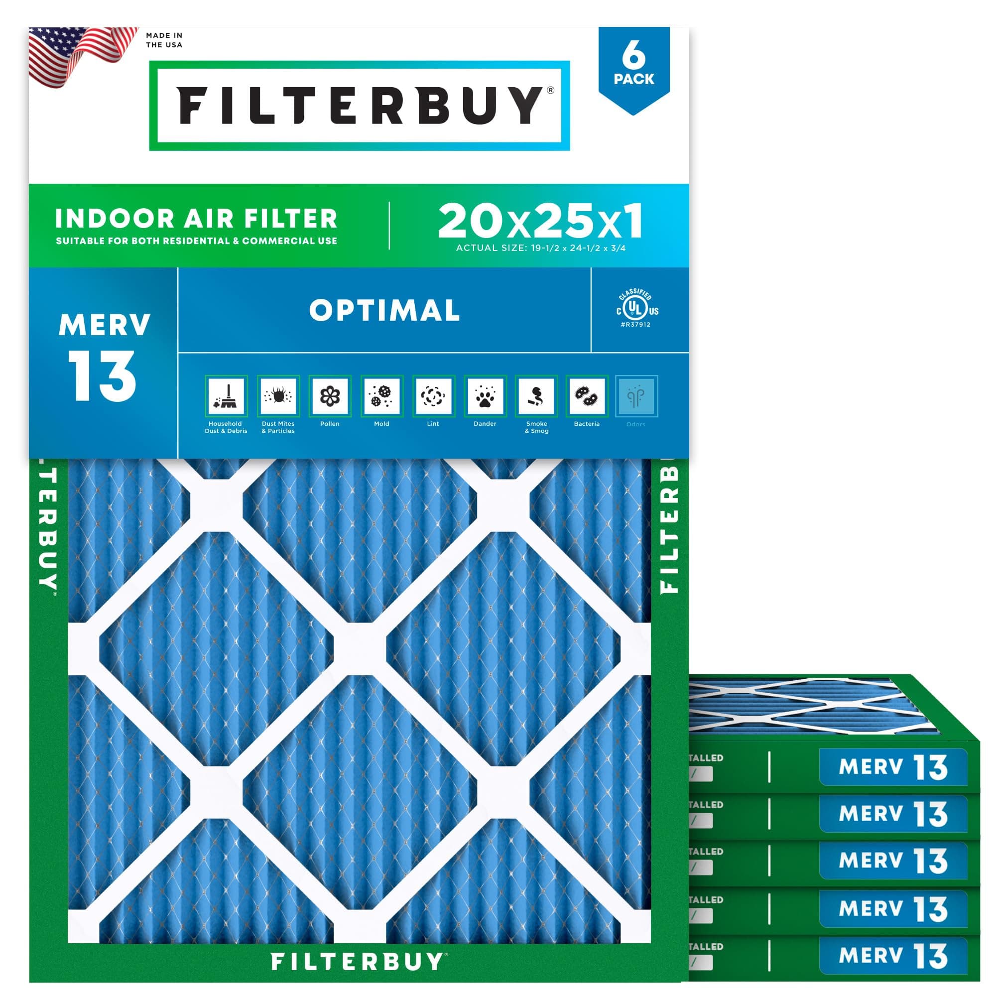 Filterbuy 20x25x1 Air Filter MERV 13 Optimal Smoke & Allergy Defense (6-Pack), Electrostatic Pleated HVAC AC Furnace Filters Replacement, Made in USA (Actual Size: 19.50 x 24.50 x 0.75)
