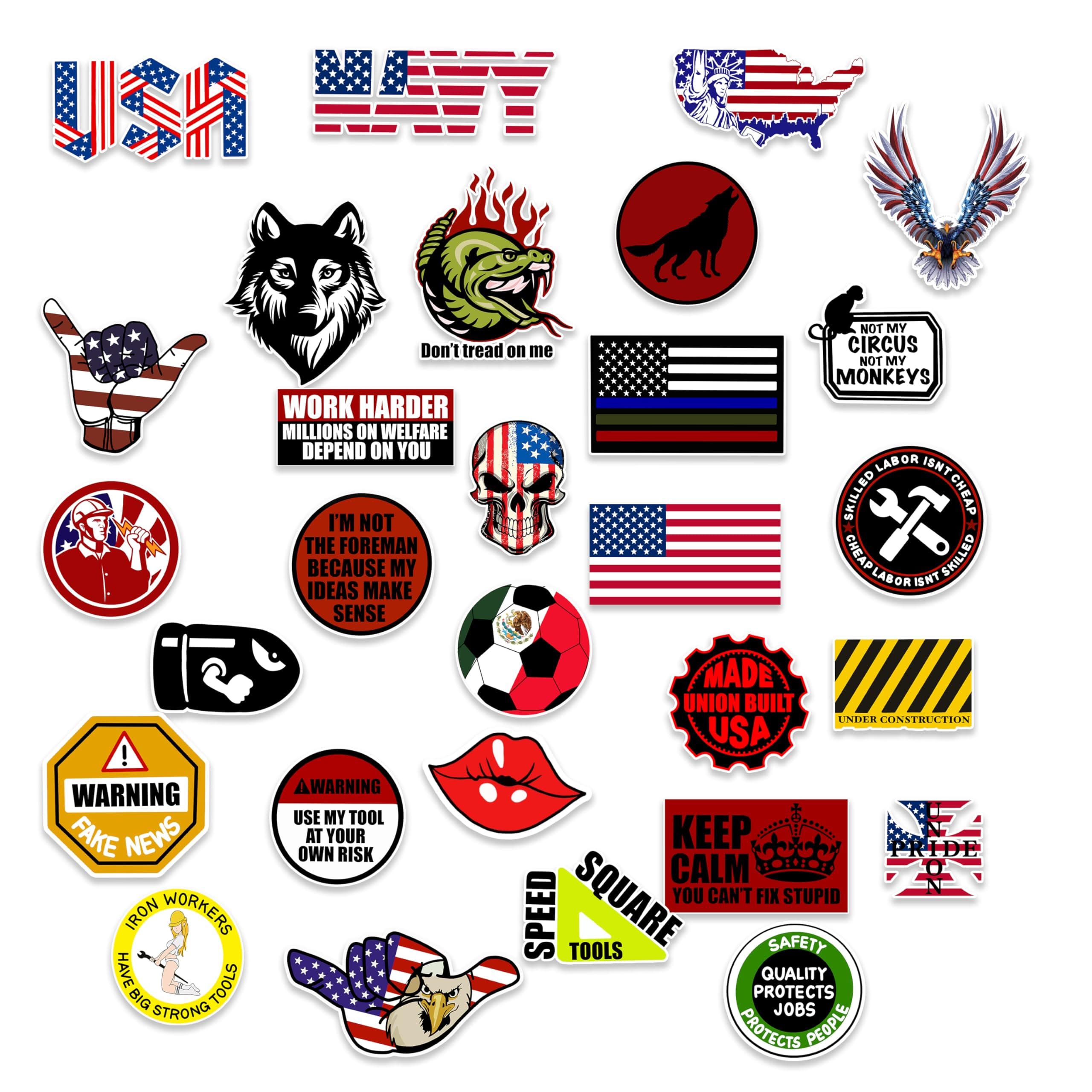 Funny Stickers for Adults - 100PCS Hard Hat Stickers for Tool Box, Welding Helmet, Construction, Electrician, Mechanic - Waterproof Vinyl Stickers for Blue Collar Men American Style 100