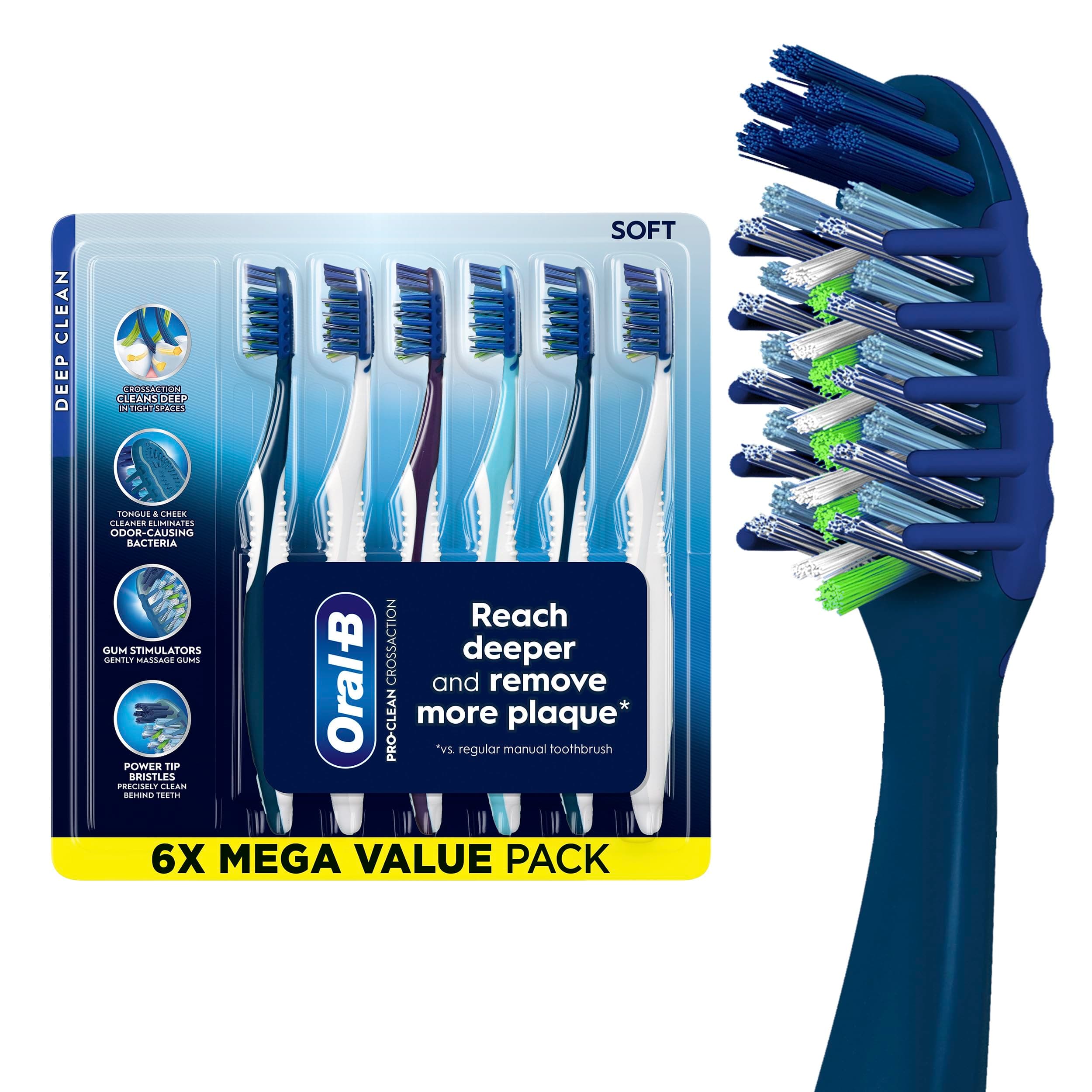 Oral-B Pro Health CrossAction Plaque Removal toothbrushes, 6 Count Toothbrush Soft, Deep Reach in Tight Spaces, Tongue Scraper Tooth Brush, Plaque Fighter, Gentle on Teeth, Gum stimulators Toothbrush (Pack of 6)