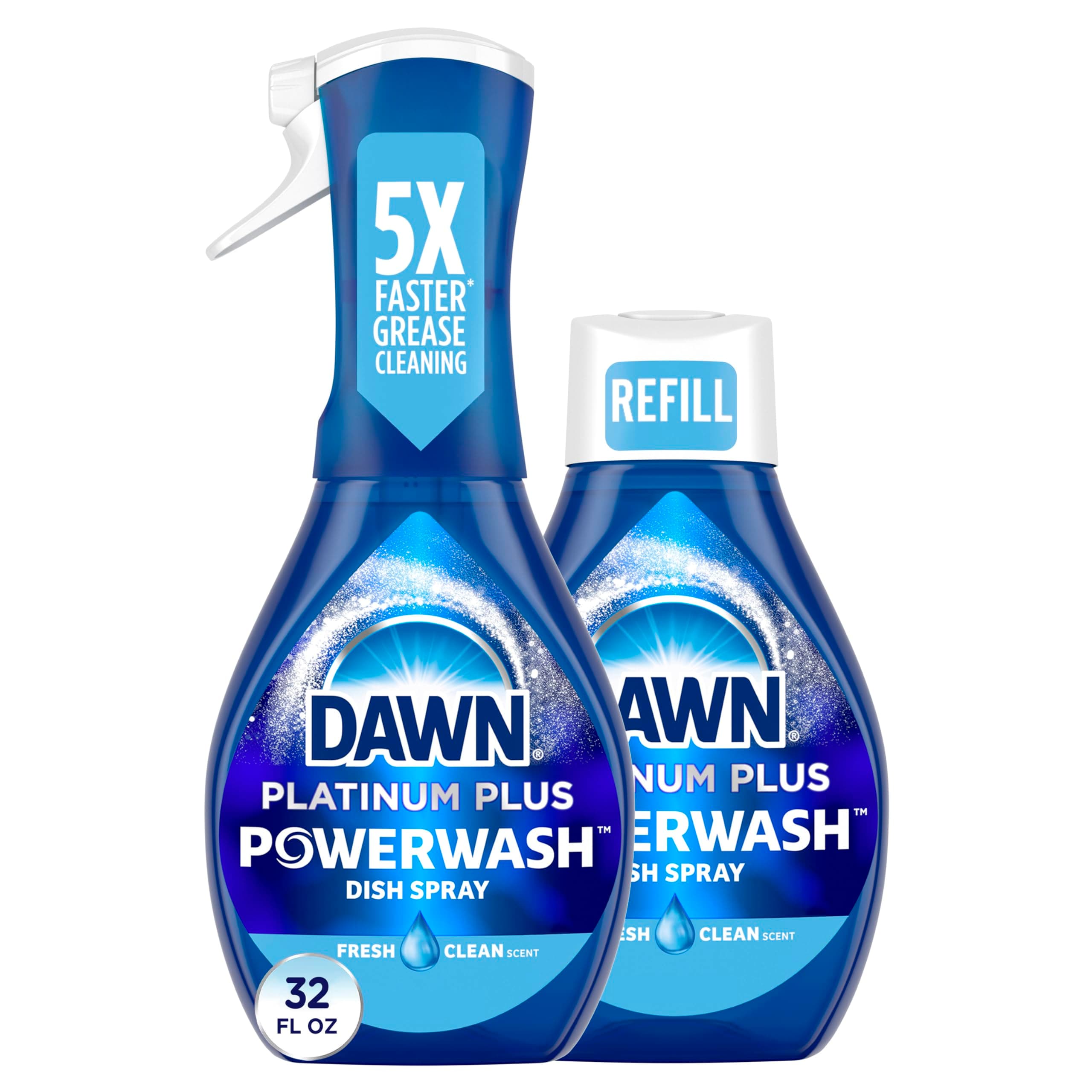 Dawn Powerwash Spray, Dish Soap, Dishwashing Liquid, Cleaning Supplies, Fresh, 1 Starter Kit + 1 Refill, 32 Fl Oz Fresh 32 Fl Oz (Pack of 1)