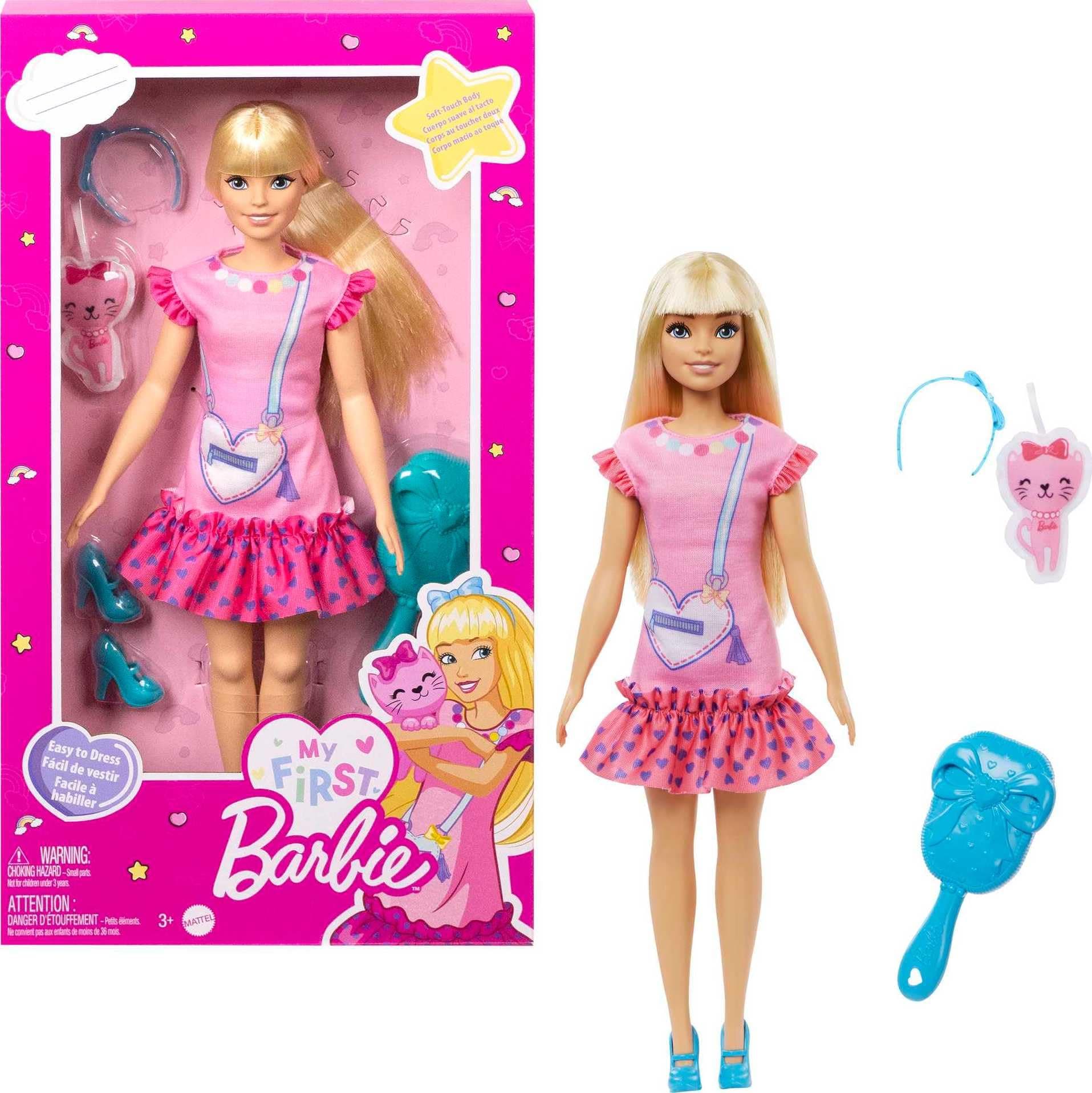 Barbie My First Preschool Doll, Malibu with 13.5-inch Posable Body & Blonde Hair, Plush Kitten & Accessories