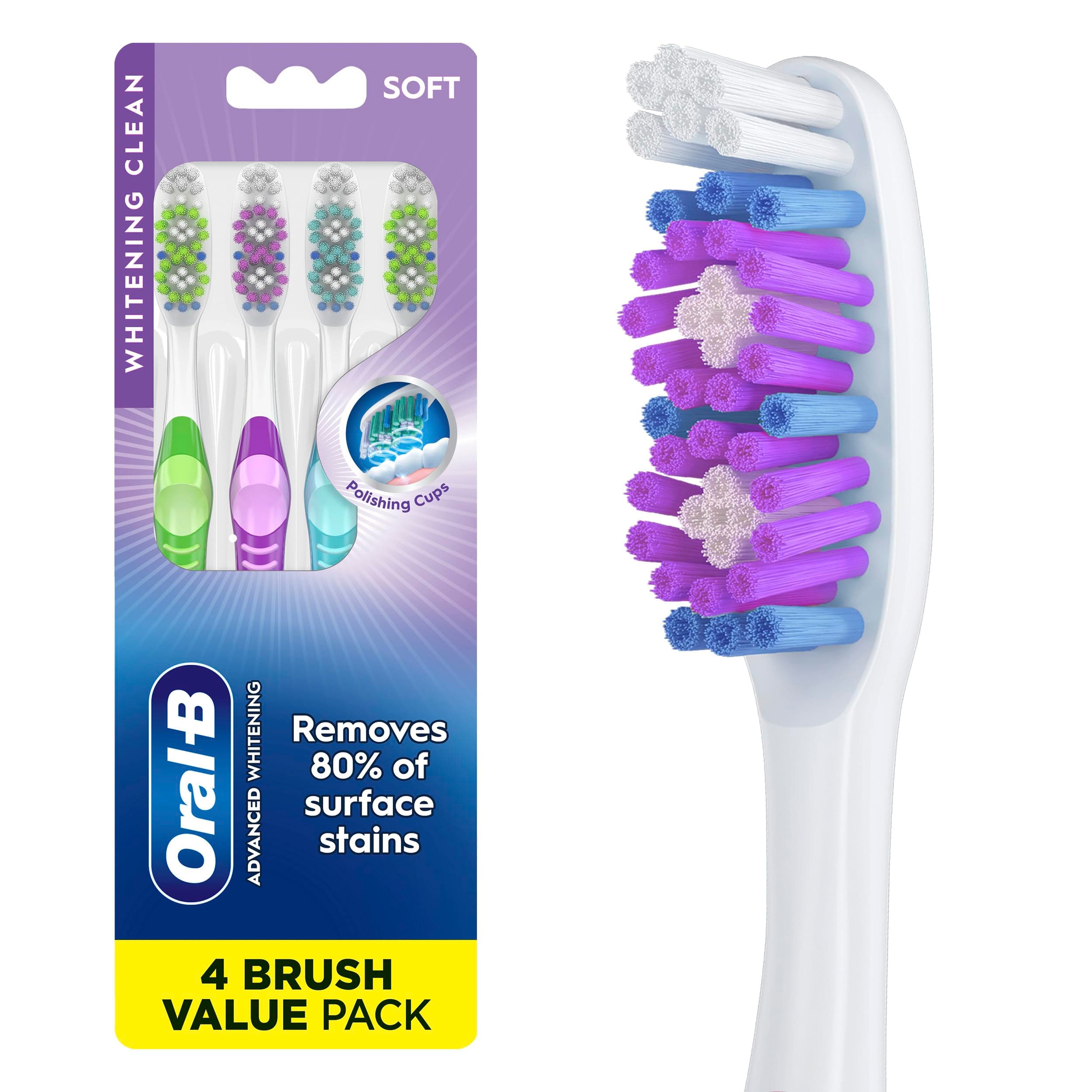 Oral-B 3D White Stain Eraser, 4 count SOFT manual tootbrush pack, Removes Stains, Whitens Teeth, Tongue and Cheek Cleaner