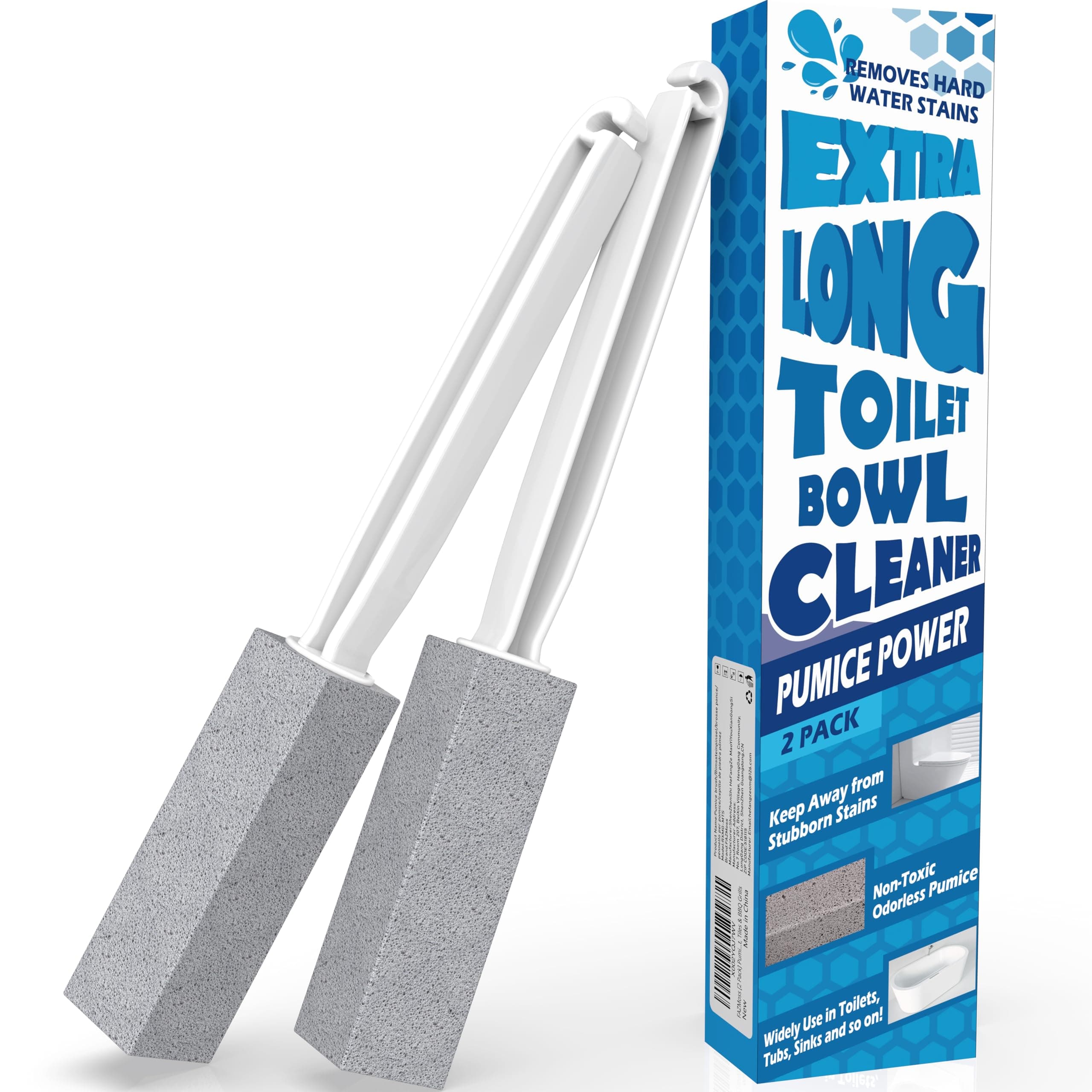 2 Pack Pumice Stone for Toilet Cleaning, Extra Long Handle for Removing Bowl Ring, Pool, Bathroom, Toilet Brush Gray