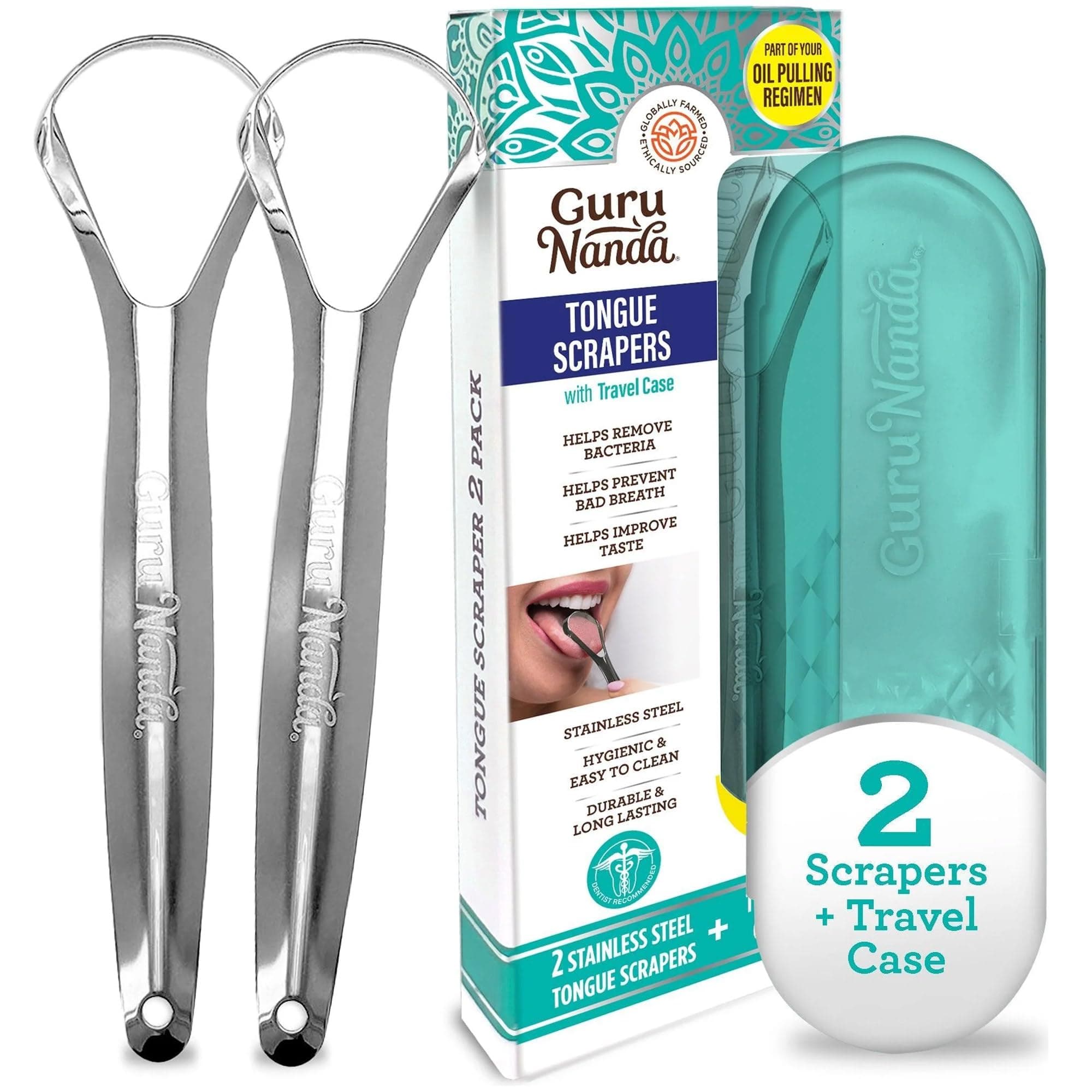 GuruNanda Tongue Scraper for Adults (2 Pack) with Travel Case, 420 Medical-Grade 100% Stainless Steel Tongue Cleaner, Aids in Fresh Breath & Oral Care Pack of 2 - Spoon Shaped