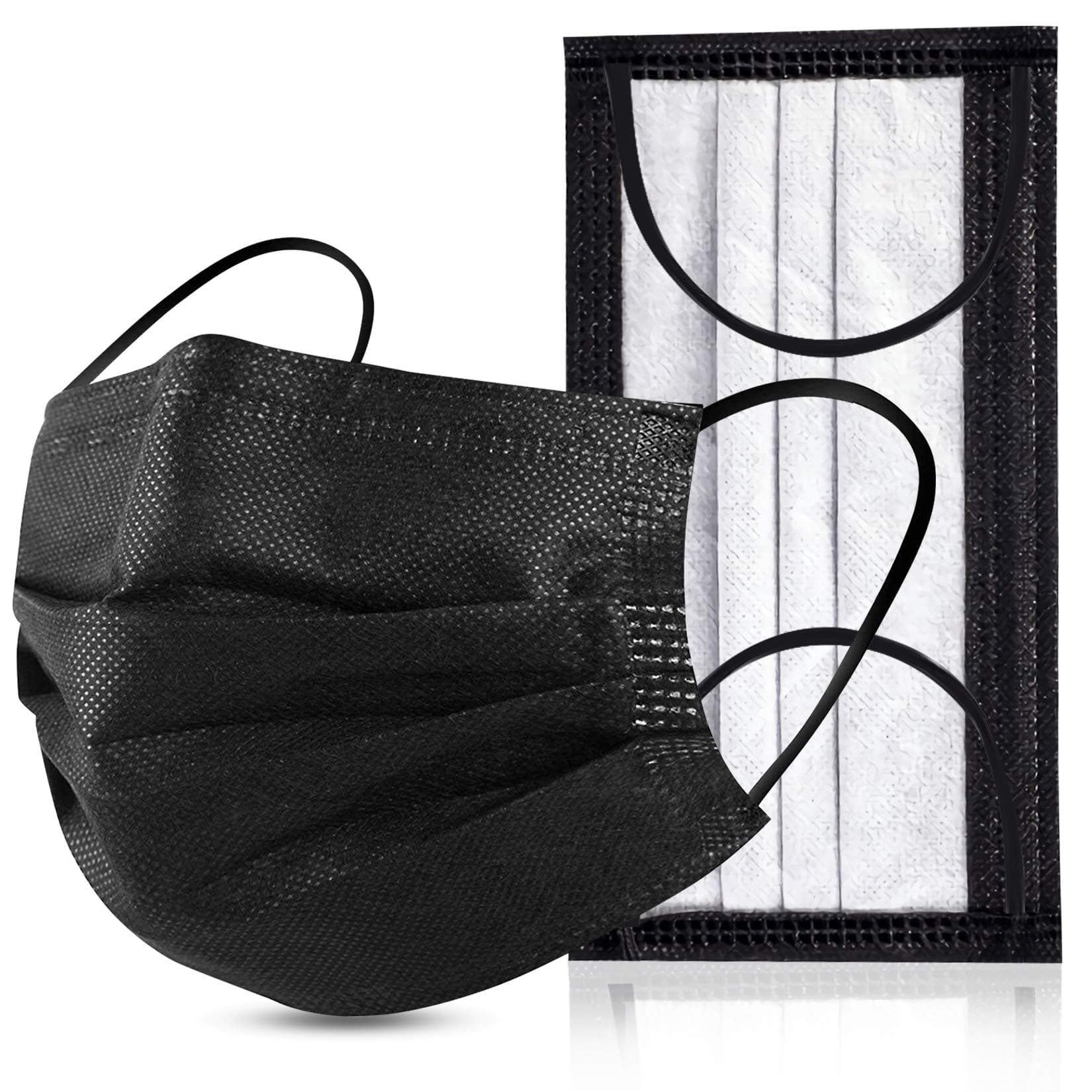 Black Disposable Face Masks 4 Layers Protection 50Pcs, Breathable Dust Mask Mouth Covers for Adult