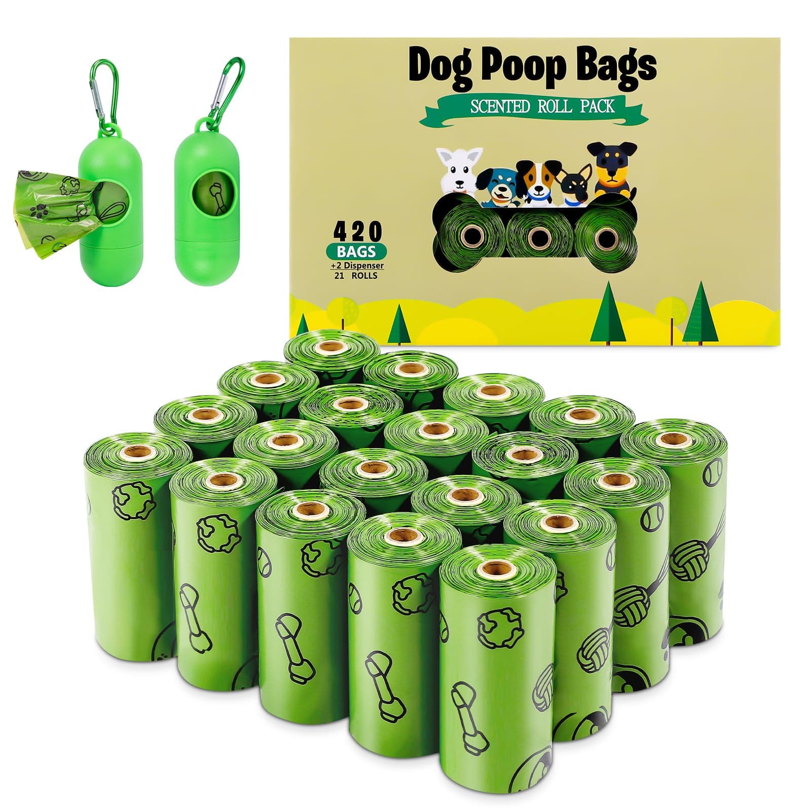 Dog Poop Bags Rolls 420 Counts: TVOOD Extra Thick Poop Bags for Dogs Leak-proof Scented Pet Waste Bags for Doggie Poo - with 2 Dispenser, Green Green-420