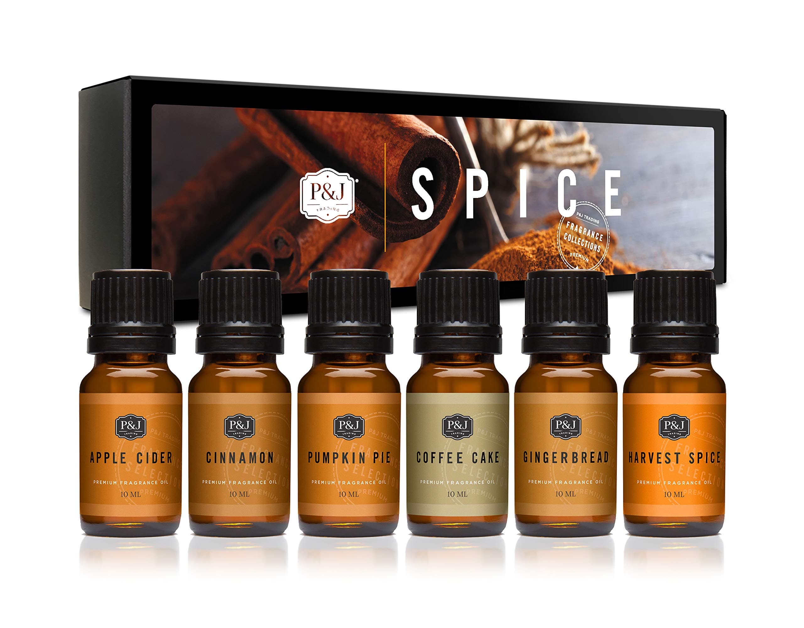P&J Fragrance Oil Spice Set | Cinnamon, Harvest Spice, Apple Cider, Coffee Cake, Gingerbread, and Pumpkin Pie Candle Scents for Candle Making, Freshie, Soap Making Supplies, Diffuser Oil Scents Spice 0.34 Fl Oz (Pack of 6)