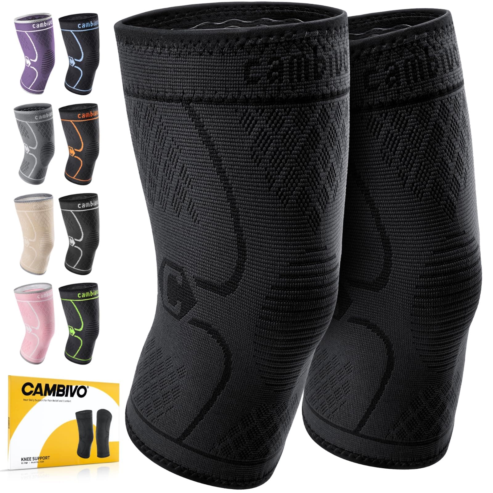 CAMBIVO 2 Pack Knee Braces for Knee Pain, Knee Compression Sleeve for Men and Women, Knee Support for Meniscus Tear, Running, Weightlifting, Workout, ACL, Arthritis, Joint Pain Relief (Black,Medium) Medium Black