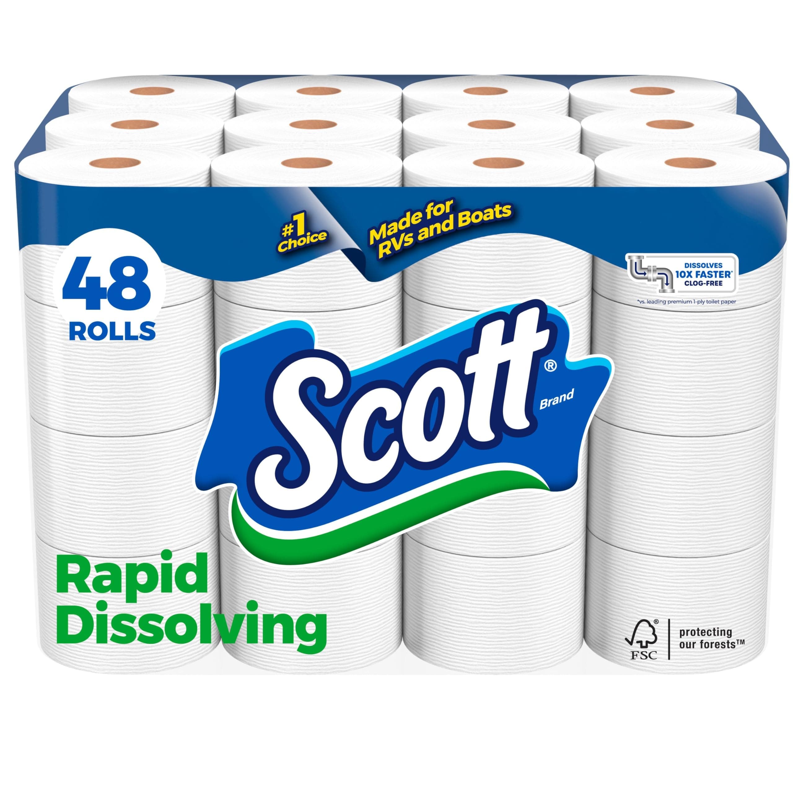 Scott Rapid-Dissolving Toilet Paper, 48 Double Rolls (6 Packs of 8), Septic-Safe, Toilet Paper Double 231 Sheets (Pack of 48)