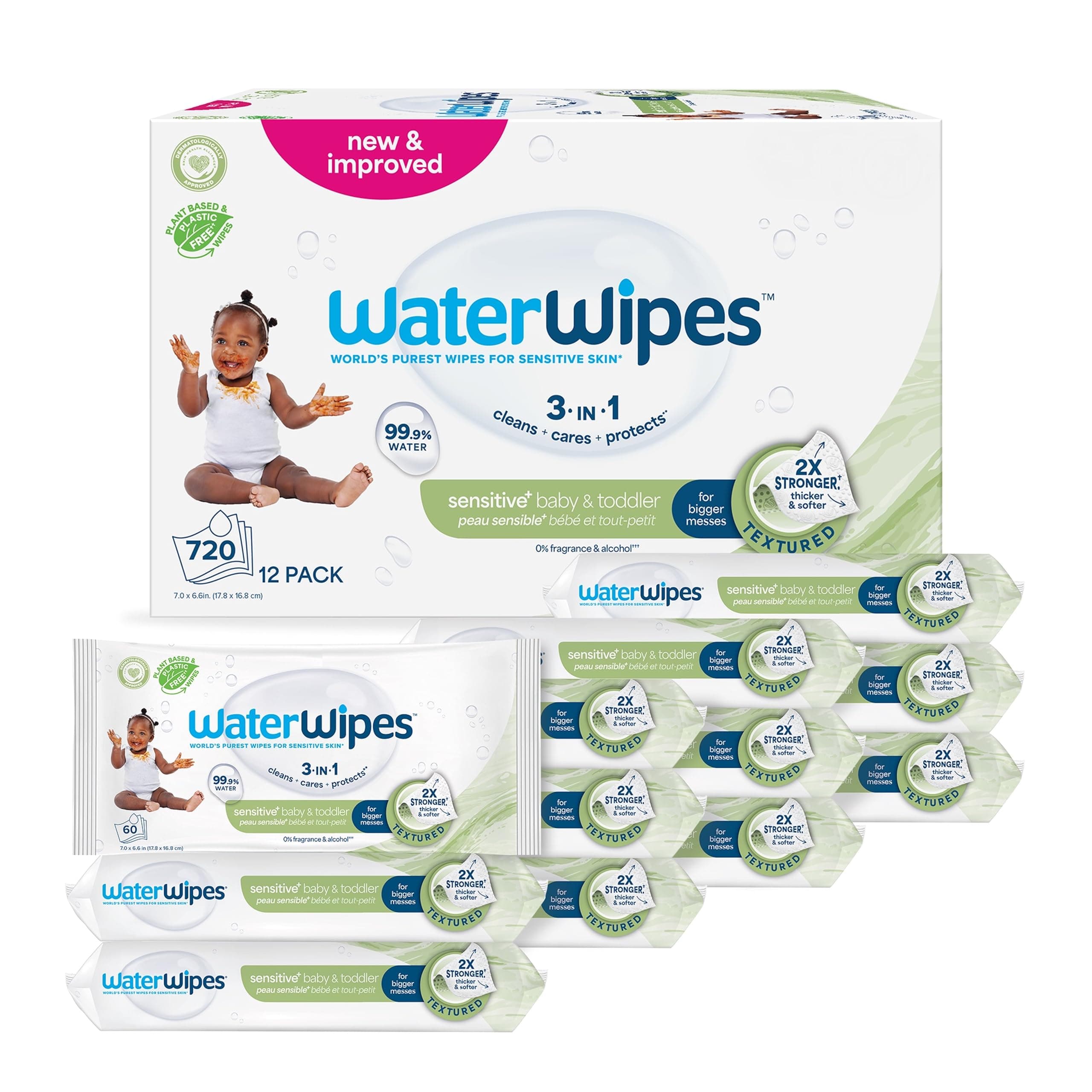 WaterWipes Sensitive+ Baby & Toddler Wipes, 3-In-1 Cleans, Cares, Protects, 99.9% Water, Textured Clean, Unscented & Hypoallergenic, 720 Count (12 Packs) Unscented 60 Count (Pack of 12)