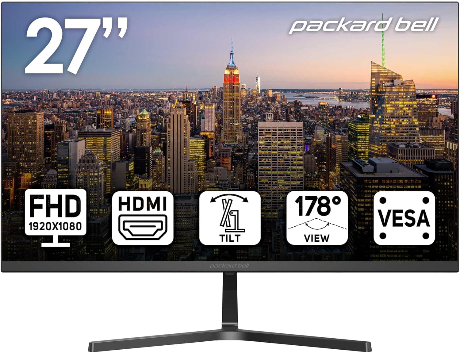 Packard Bell airFrame 27" FHD Monitor, 1920x1080, Ultrawide, VESA Mount Compatible, Tilt Adjustment, HDMI/VGA, Slim Bezel, for Home, Office, and Light Gaming 27 Inch 1 Pack