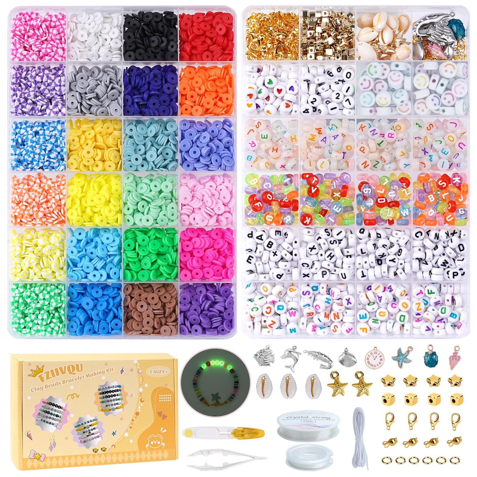 FZIIVQU Clay Beads Friendship Bracelet Making Kit, 2 Boxes 7200 Pcs Clay Beads 24 Colors Flat Disc Heishi Bead for Jewelry Making Preppy Set with Glow Number Letter Bead