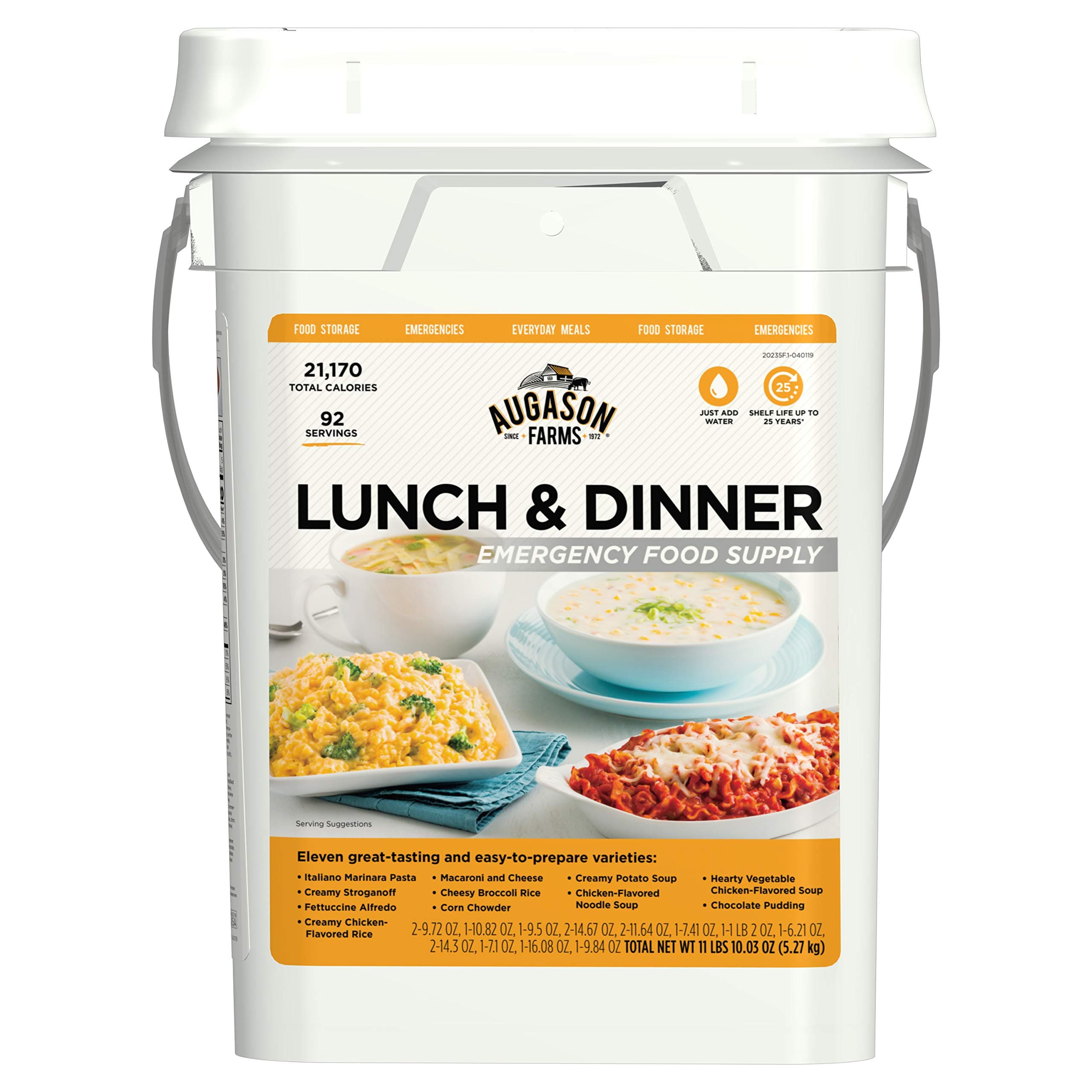 Lunch & Dinner Variety Kit Emergency Food Supply, 113 Servings, 25 Year Shelf Life - Dehydrated Meals, Survival Food Camping Essentials, 4 Gallon Bucket chicken