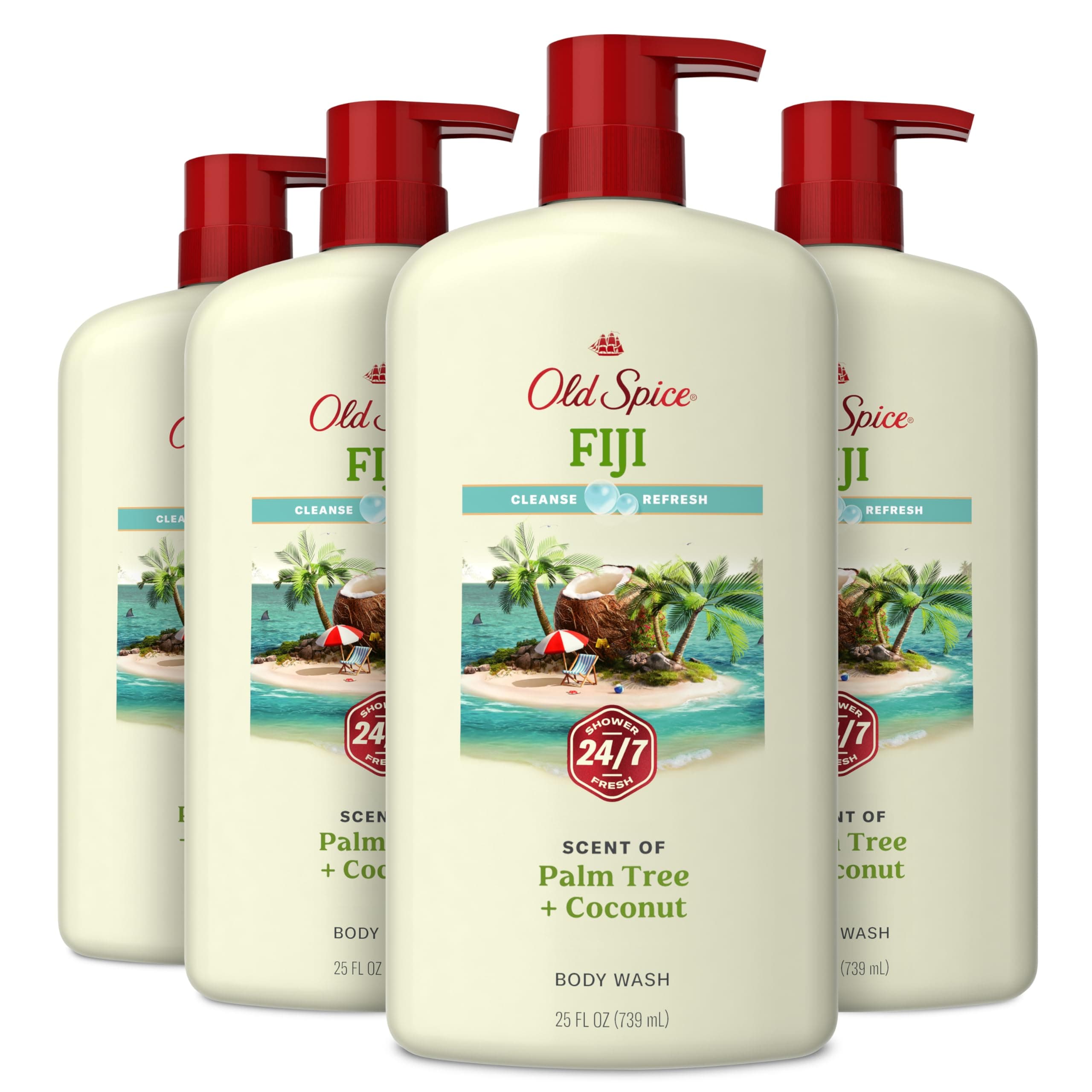 Old Spice Body Wash for Men, 24/7 Shower Fresh with Lasting Scent, Cleanse & Refresh, Gentle on Skin, Vitamin B3, Fiji with Palm Tree + Coconut Scent, 25 oz (Pack of 4) Fiji with Palm Tree 25 Fl Oz (Pack of 4)