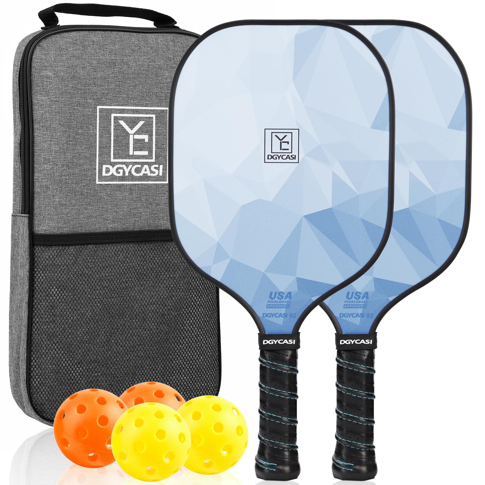 Pickleball Paddles Set of 2, 2025 USAPA Approved Pickleball Set, Fiberglass Lightweight Pickle Ball Rackets 2 Pack, 2 Outdoor Pickleball, 2 Indoor Pickleball Balls, 1 Pickleball Bag for Women and Men Blue