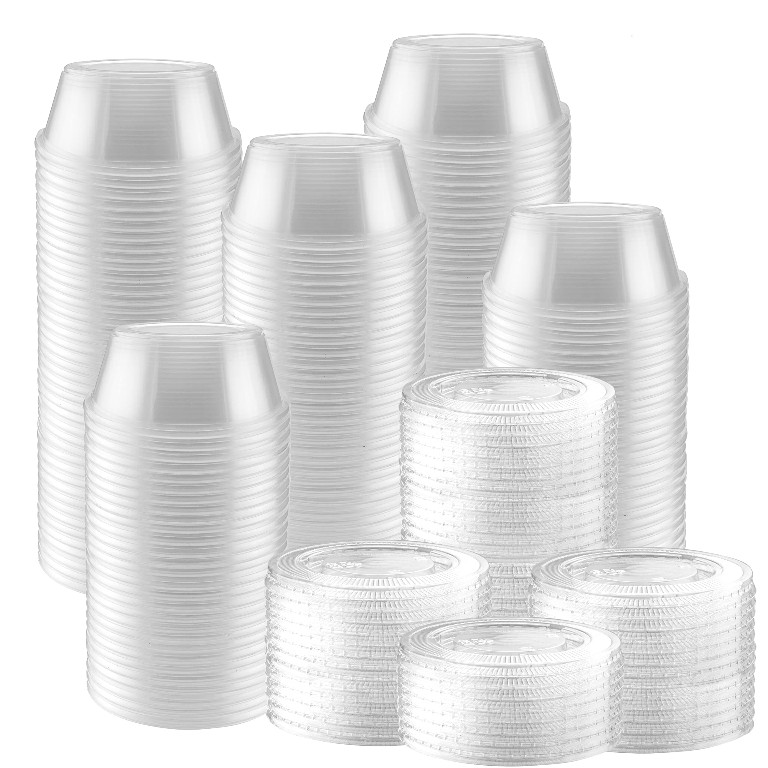 NYHI 100 Pack 2 oz Small Clear Plastic Cups Disposable Jello Shots with Snap on Leak Proof Lids Small Shot Cups Food Storage Containers for Party Portion Control Sauces Spices Liquid Dip