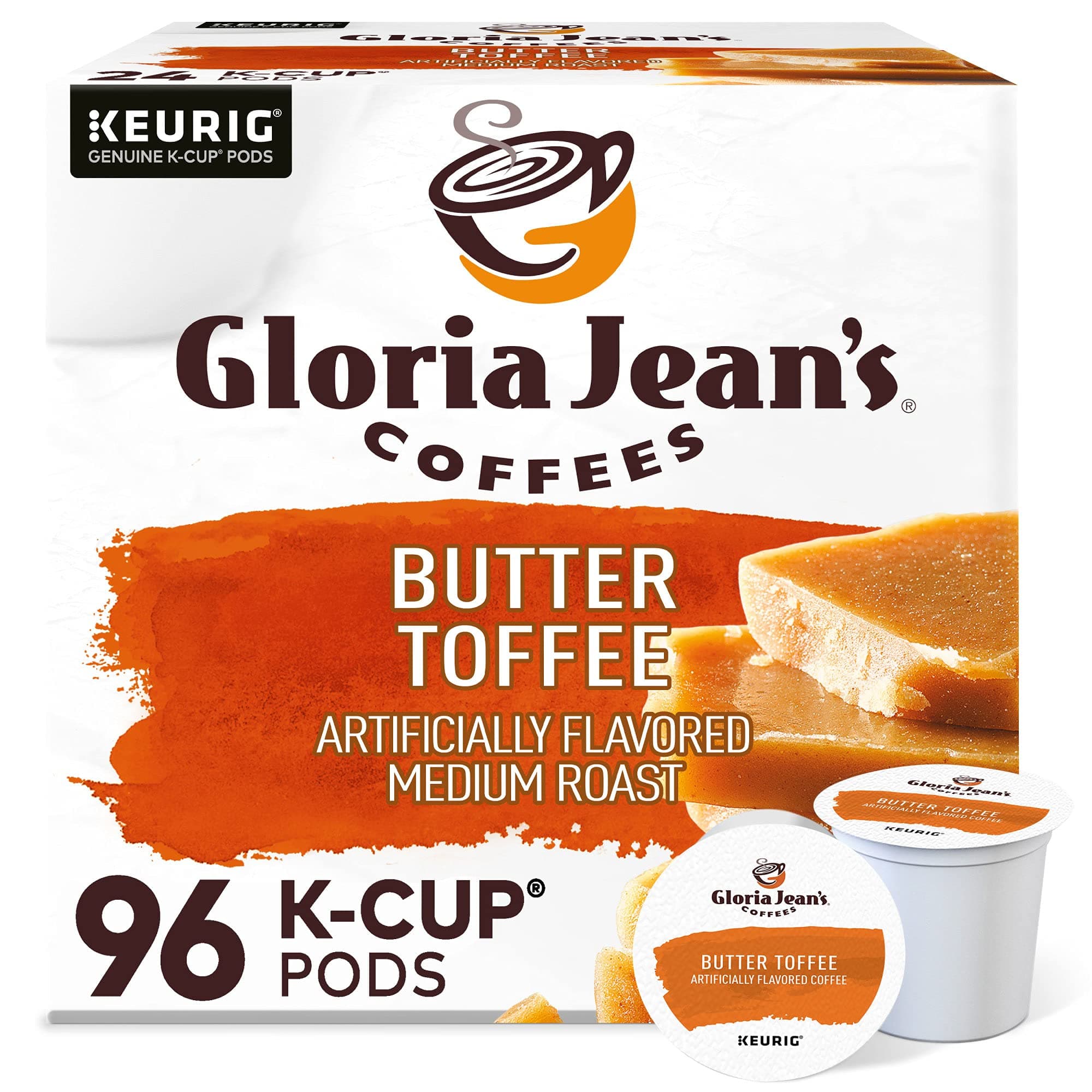 Gloria Jean's Coffees Butter Toffee, Single-Serve Keurig K-Cup Pods, Flavored Medium Roast Coffee, 96 Count Butter Toffee 24 Count (Pack of 4)